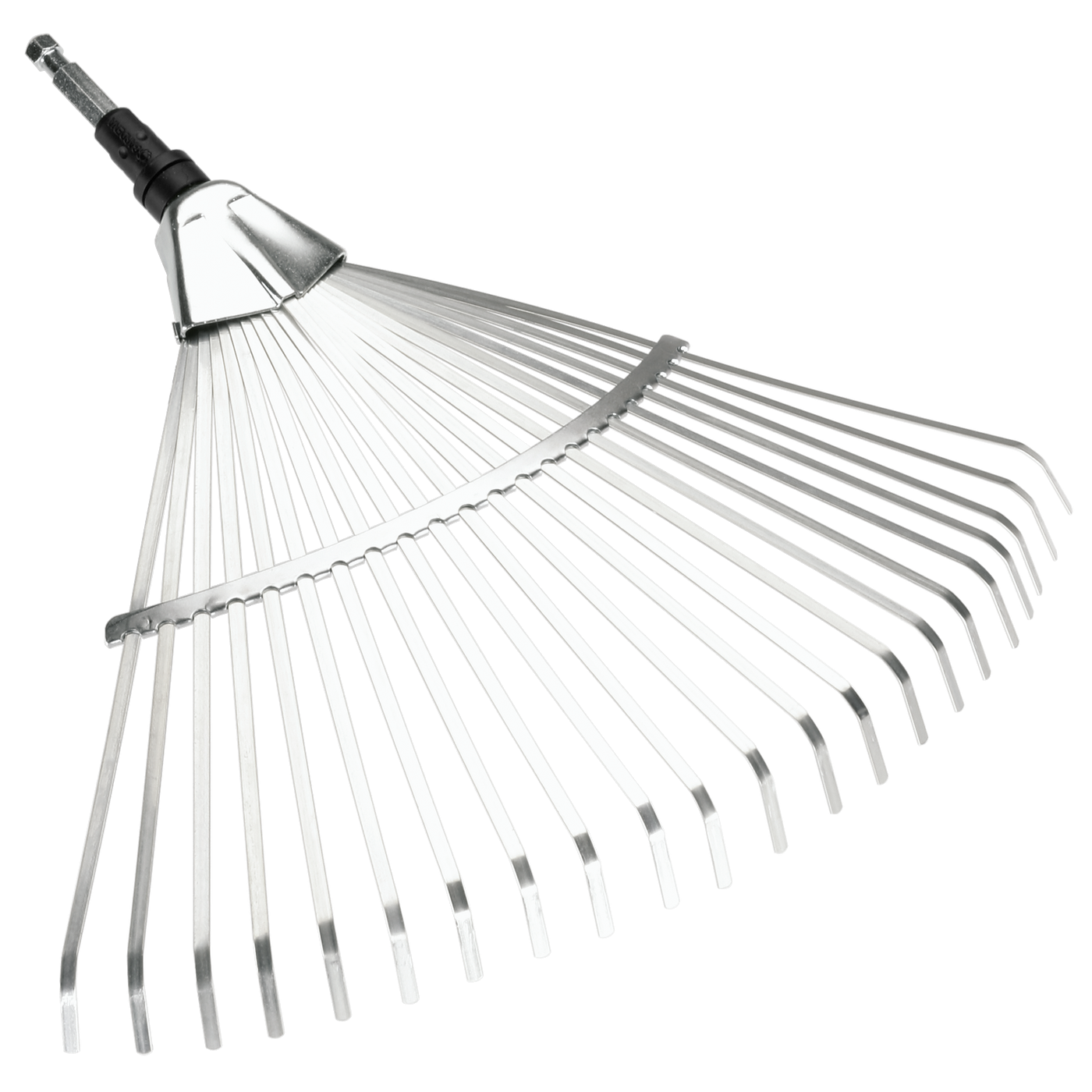 Top view of a metal garden rake head with multiple tines.