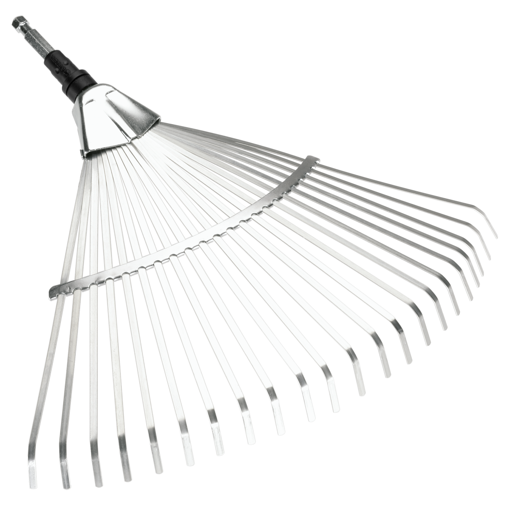 Top view of a metal garden rake head with multiple tines.