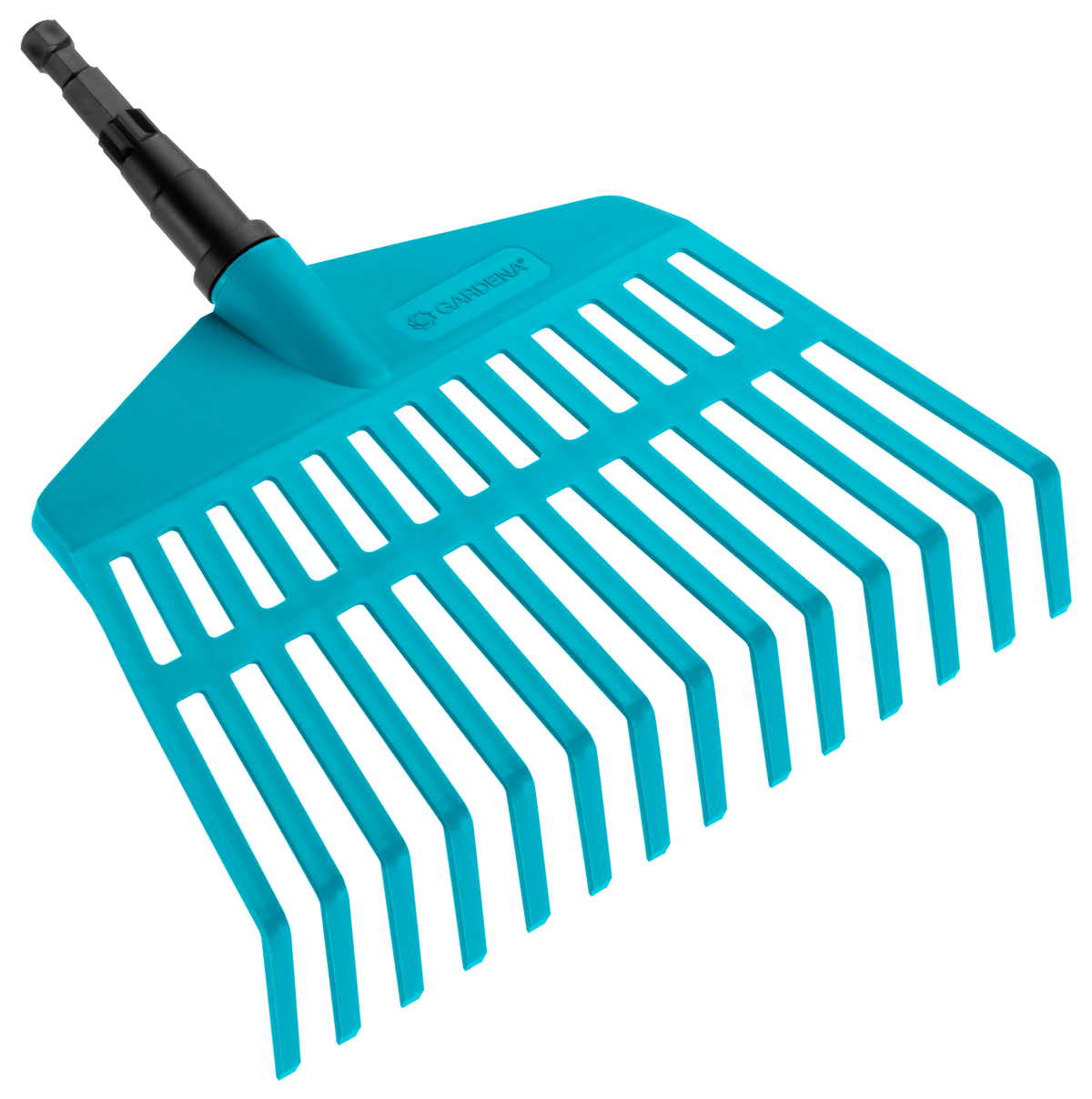 Front view of a Gardena garden rake attachment with wide tines.