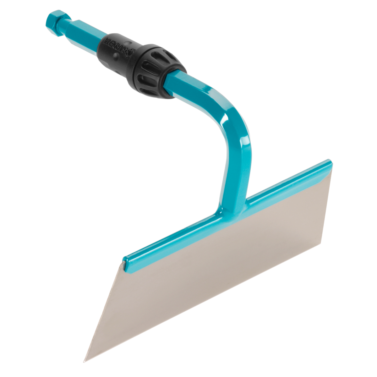 Side view of a Gardena garden hoe with a sturdy metal blade.