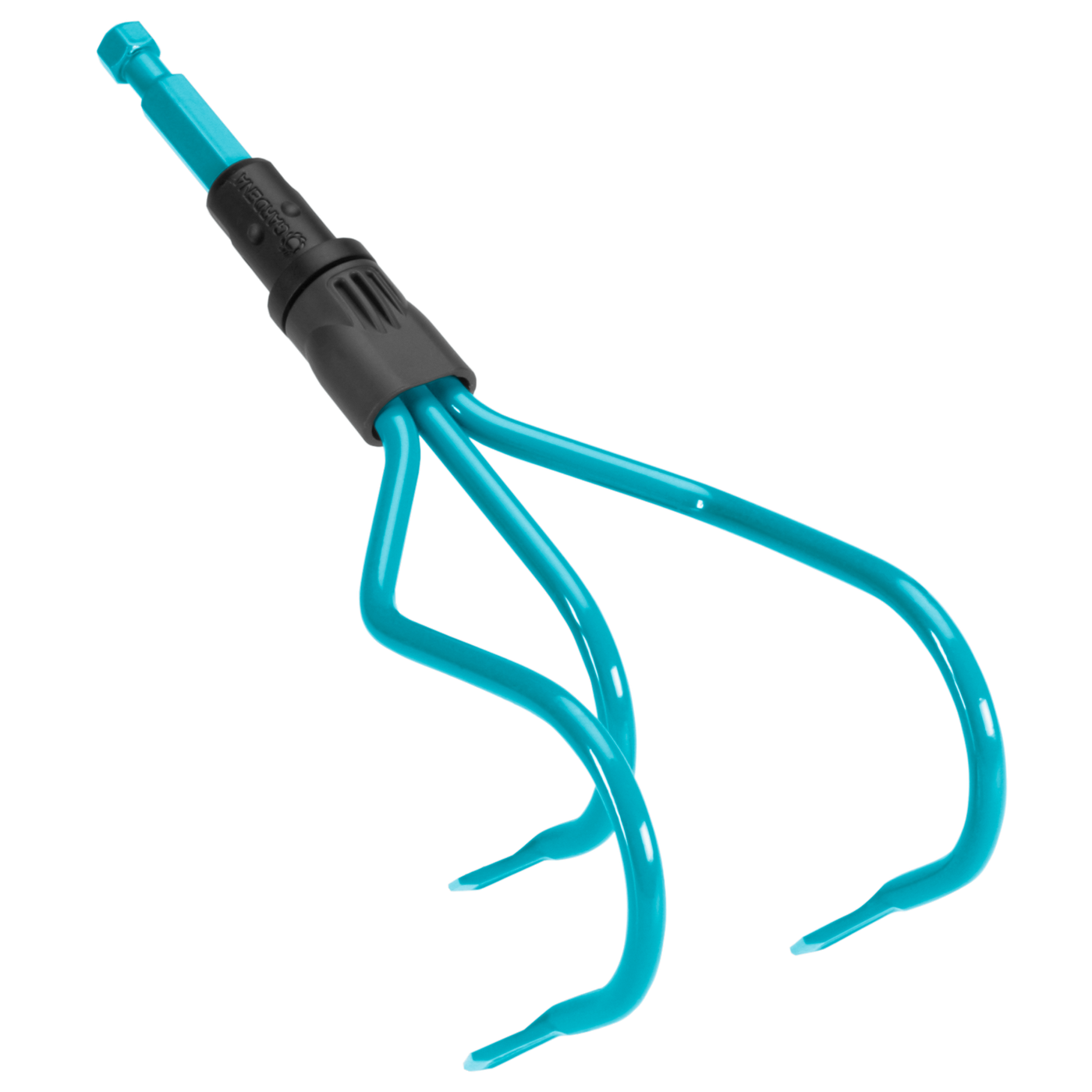 Front view of a garden cultivator tool with three curved tines.
