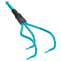 Front view of a garden cultivator tool with three curved tines., miniatuur 1