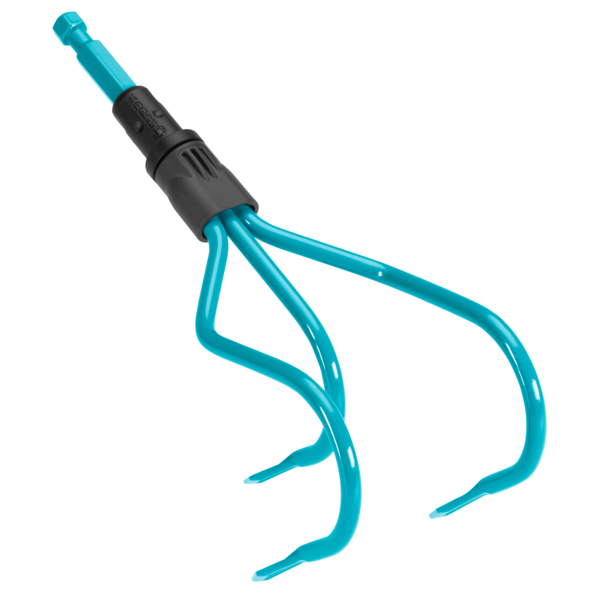 Front view of a garden cultivator tool with three curved tines.
