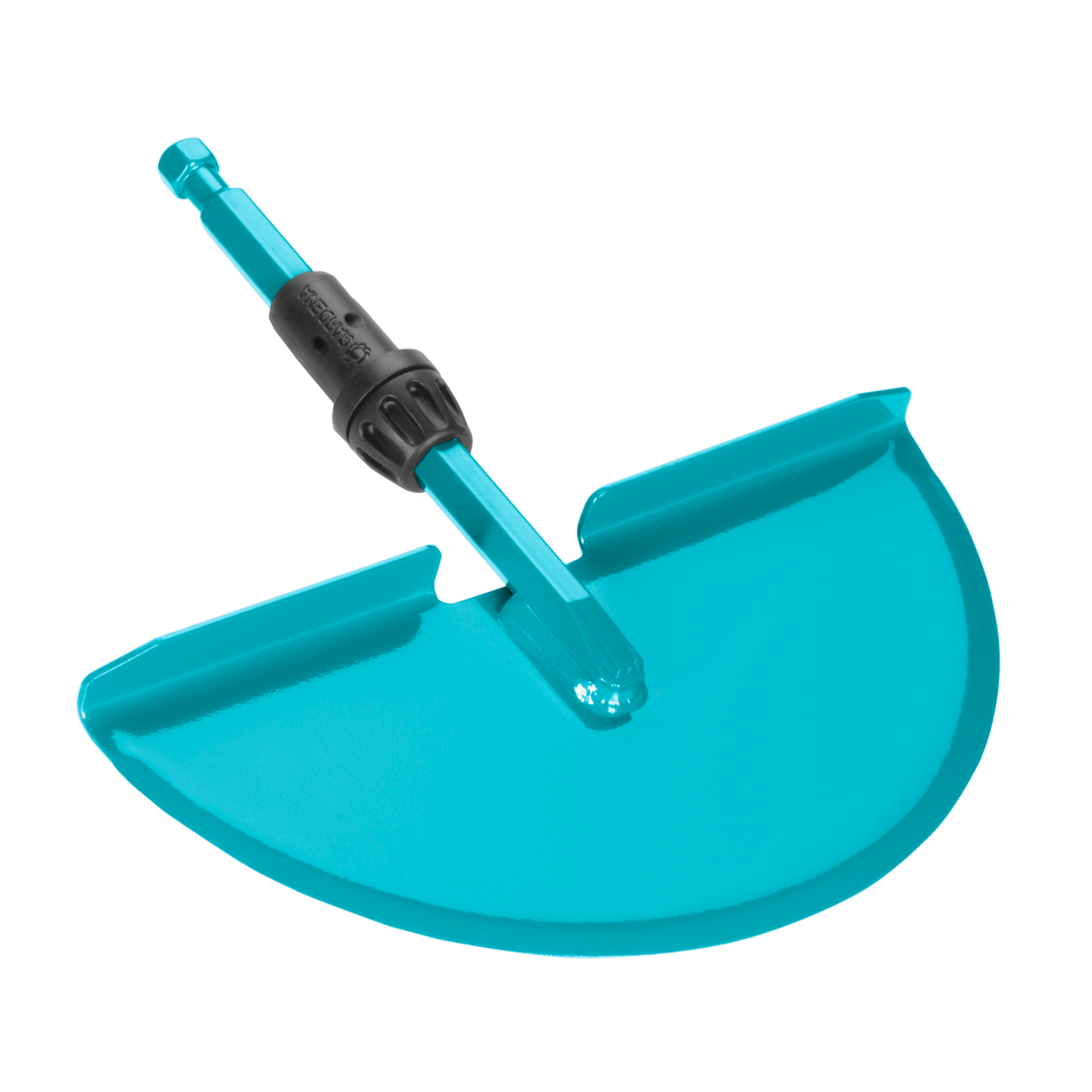 Top view of a Gardena garden tool attachment with a curved blade.