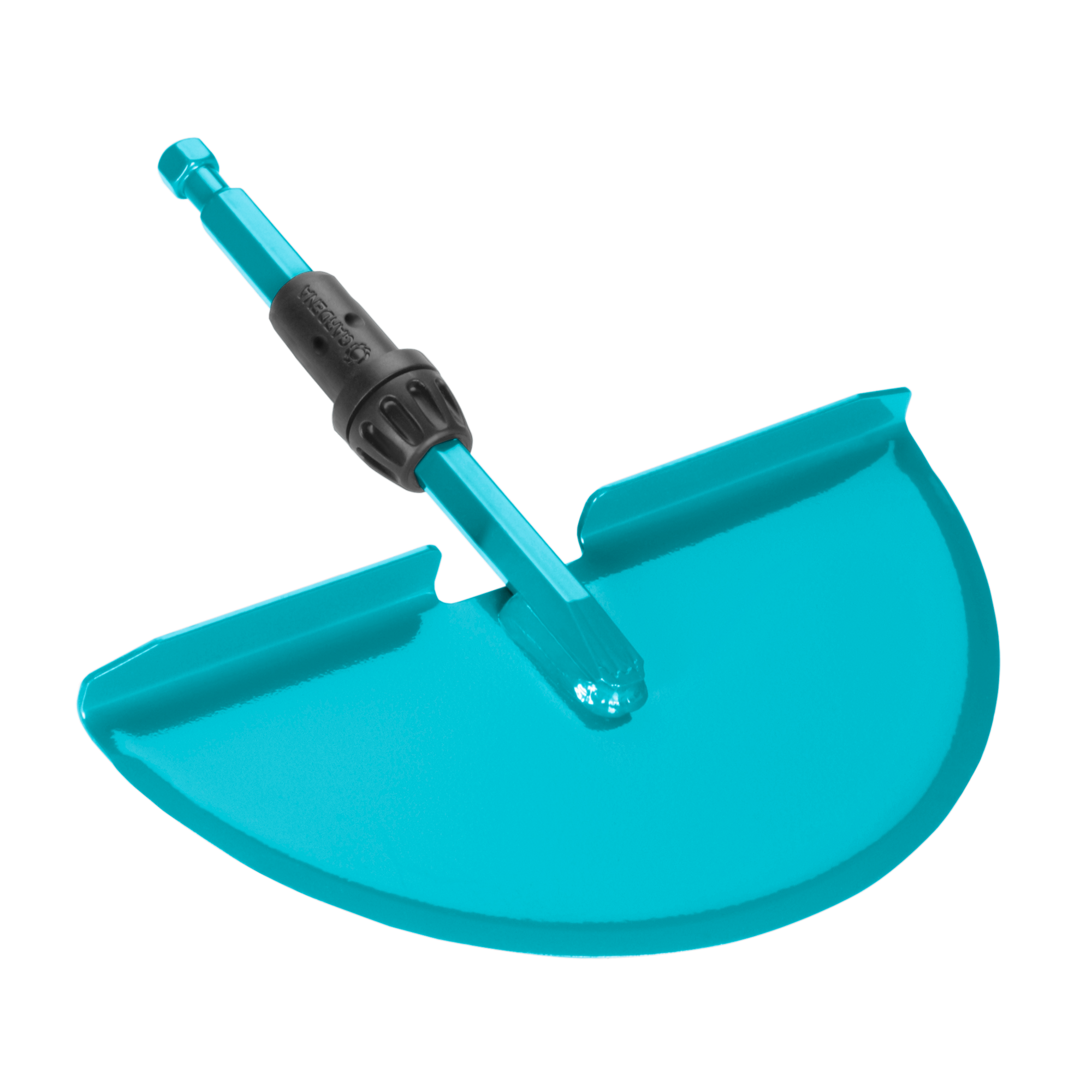 Top view of a Gardena garden tool attachment with a curved blade.