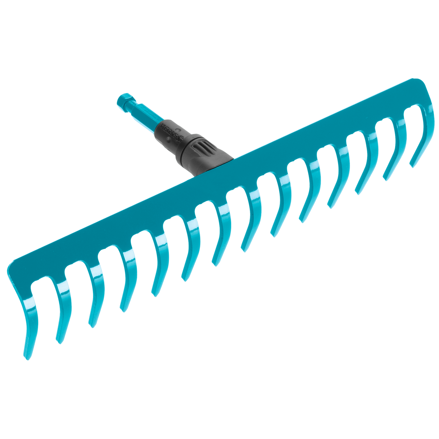 Front view of a garden rake with sturdy metal tines.