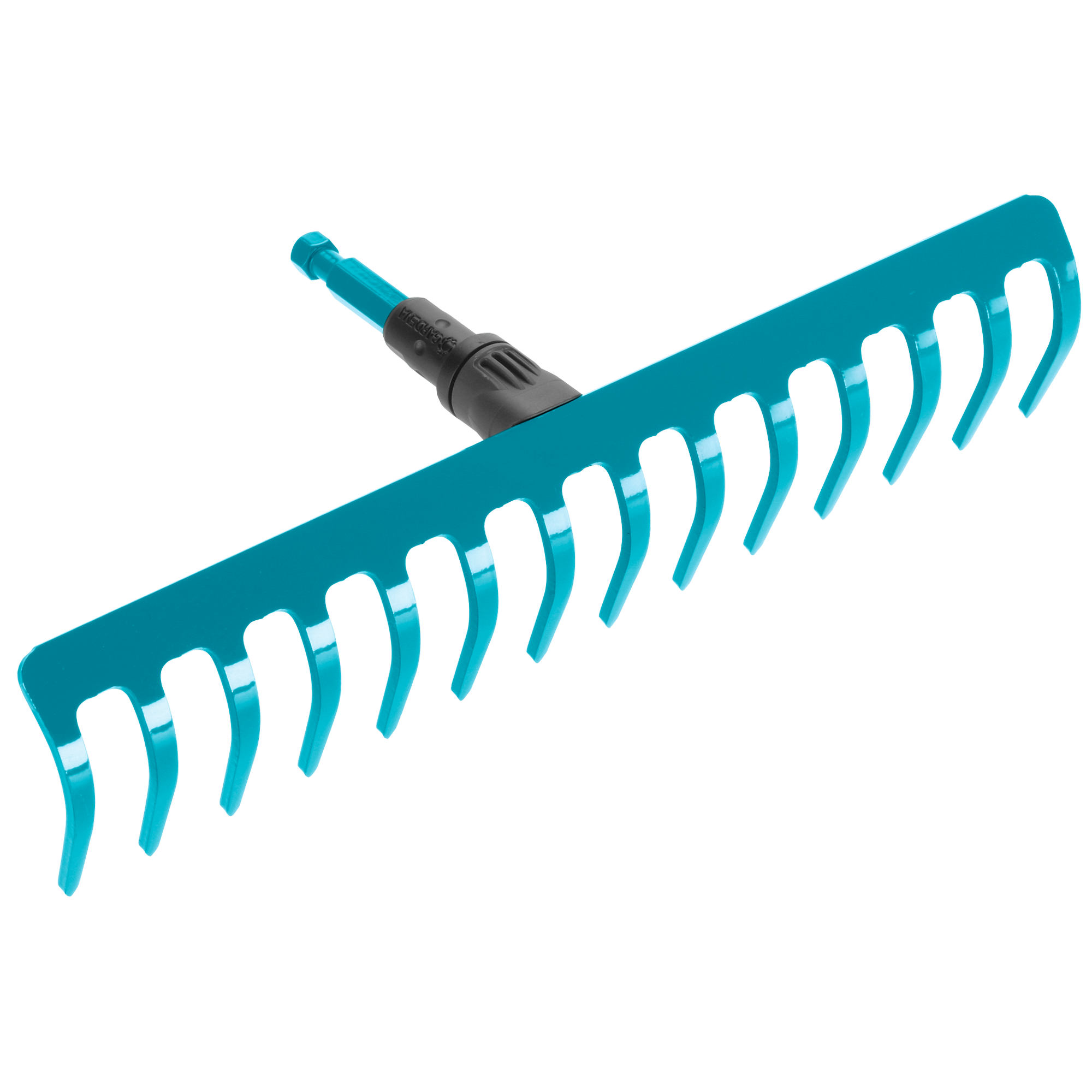 Front view of a garden rake with sturdy metal tines.
