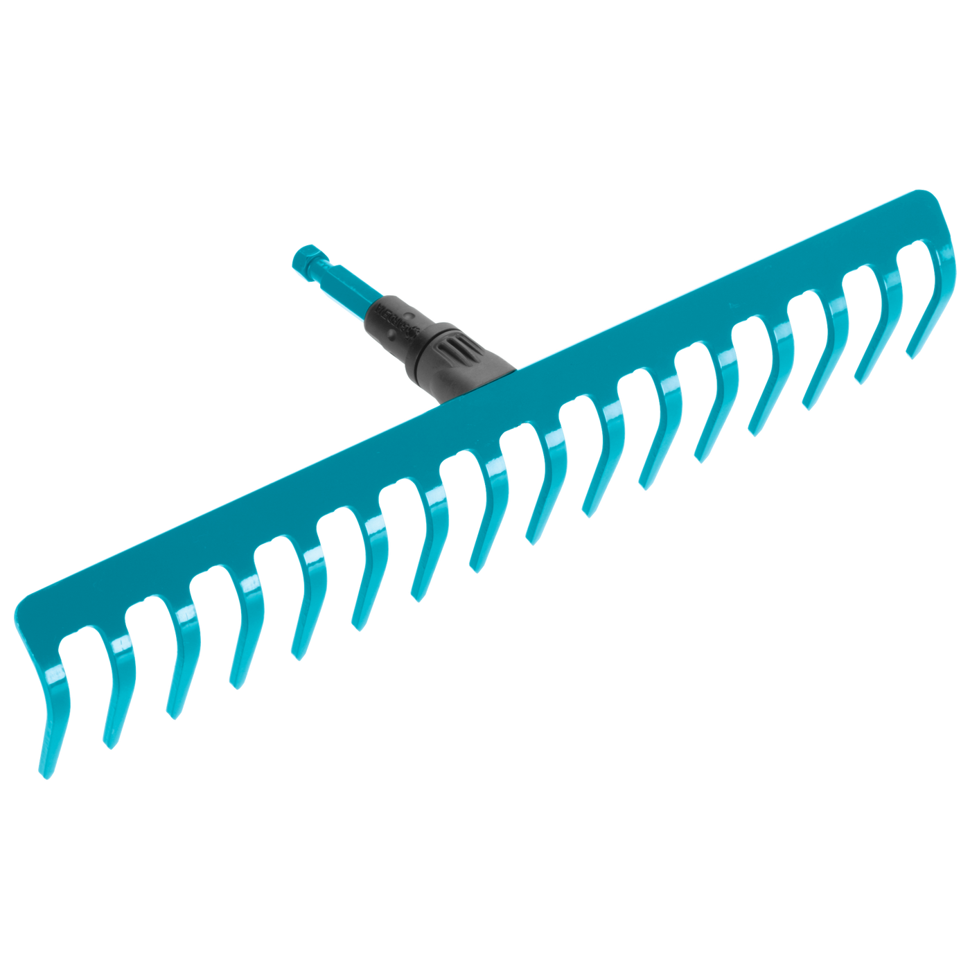 Front view of a garden rake with a detachable handle.