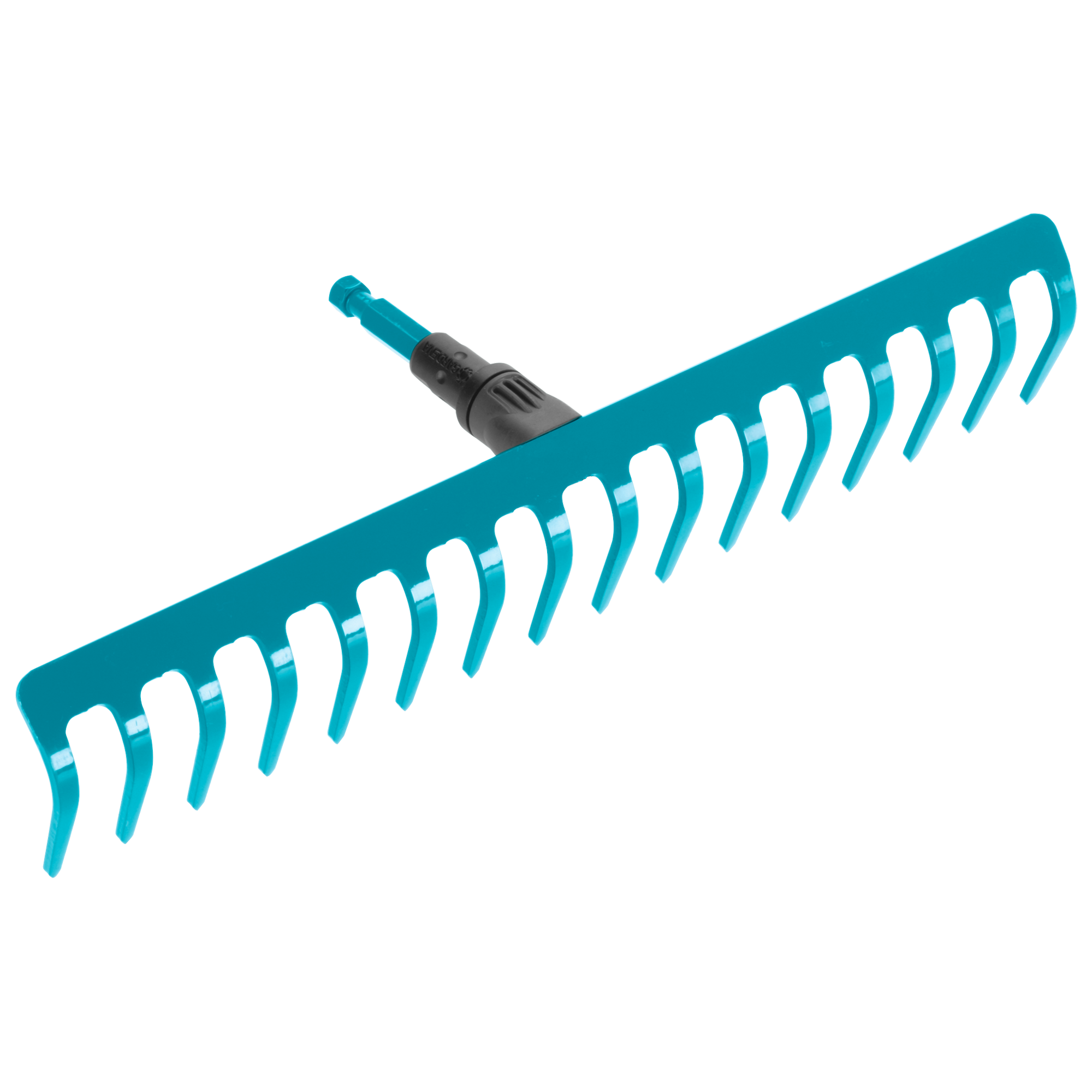 Front view of a garden rake with a detachable handle.
