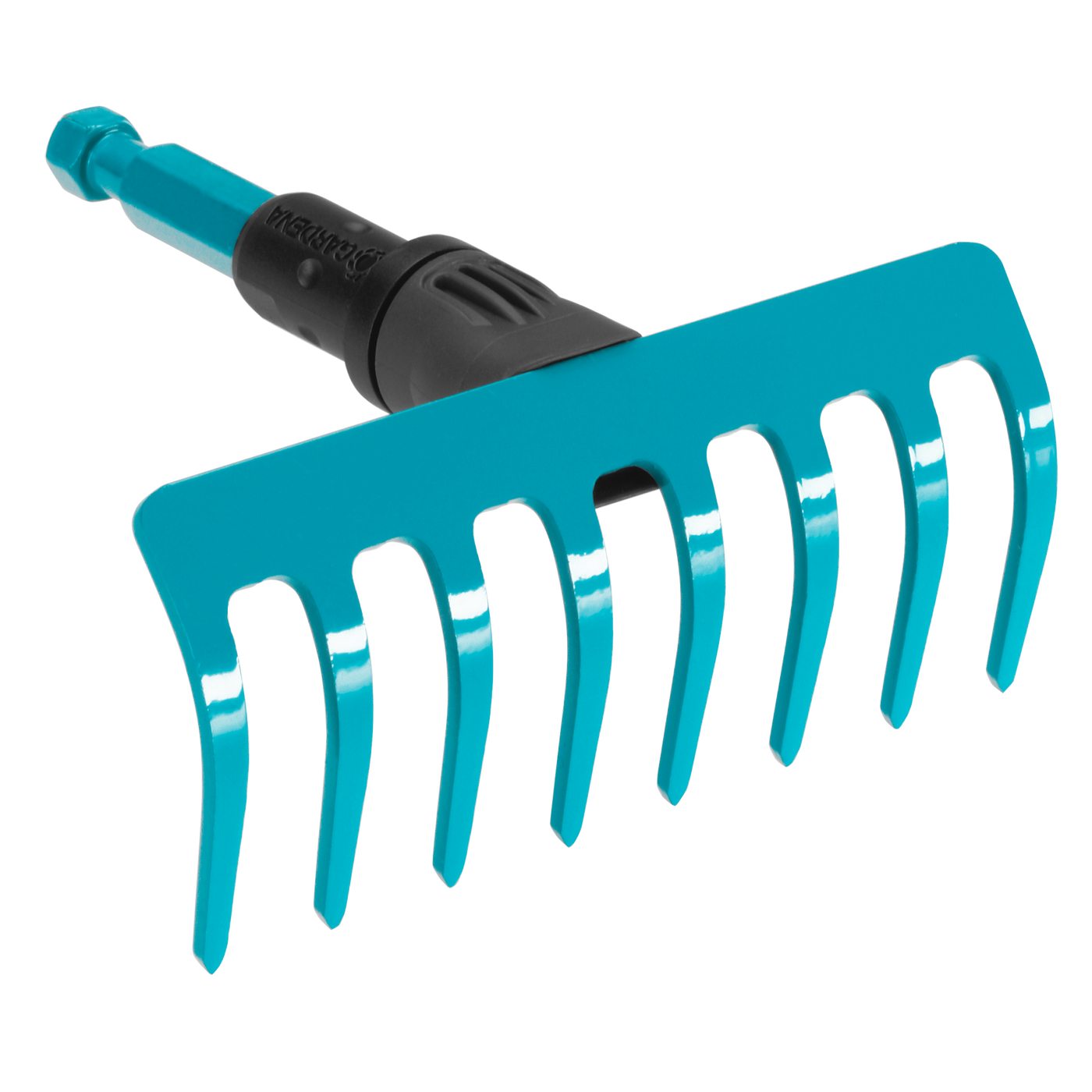 Front view of a Gardena garden rake attachment with multiple tines.