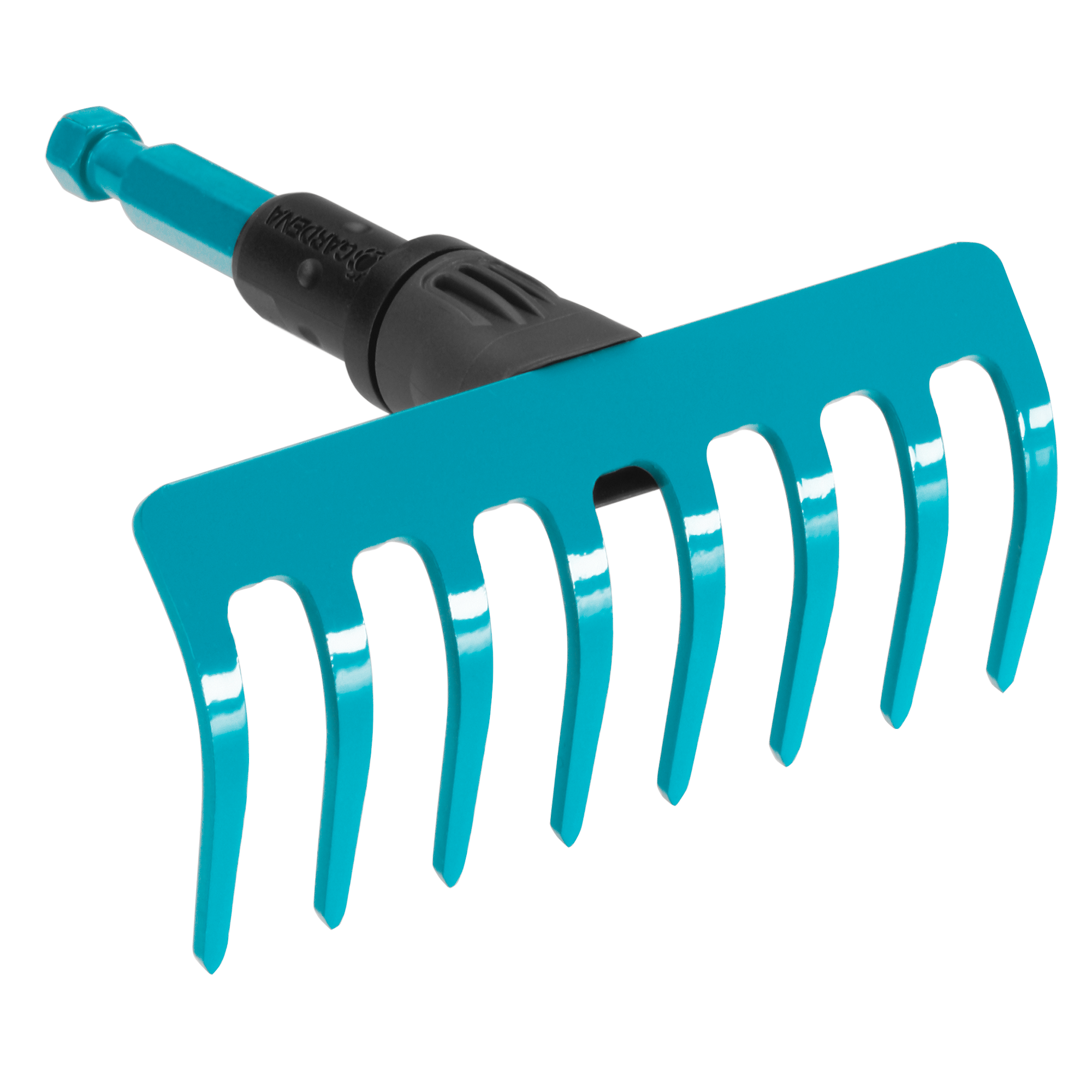 Front view of a Gardena garden rake attachment with multiple tines.