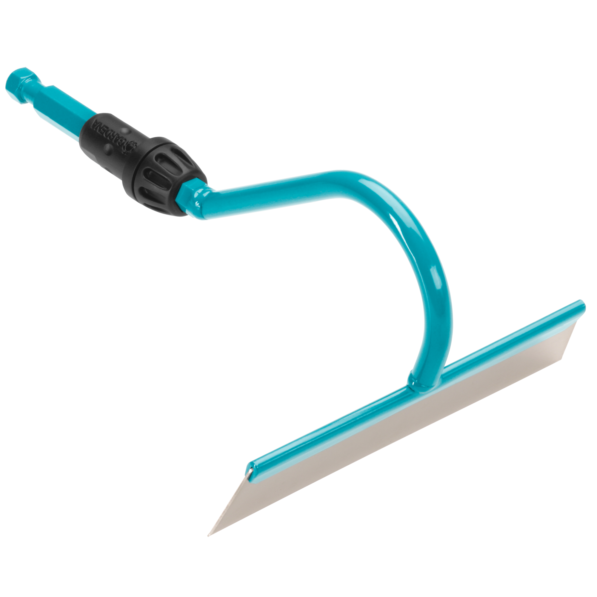 Front view of a Gardena garden hoe with ergonomic handle.