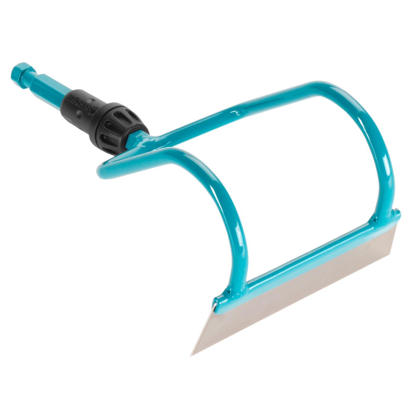 Front view of a gardening tool with a blade and handle attachment.