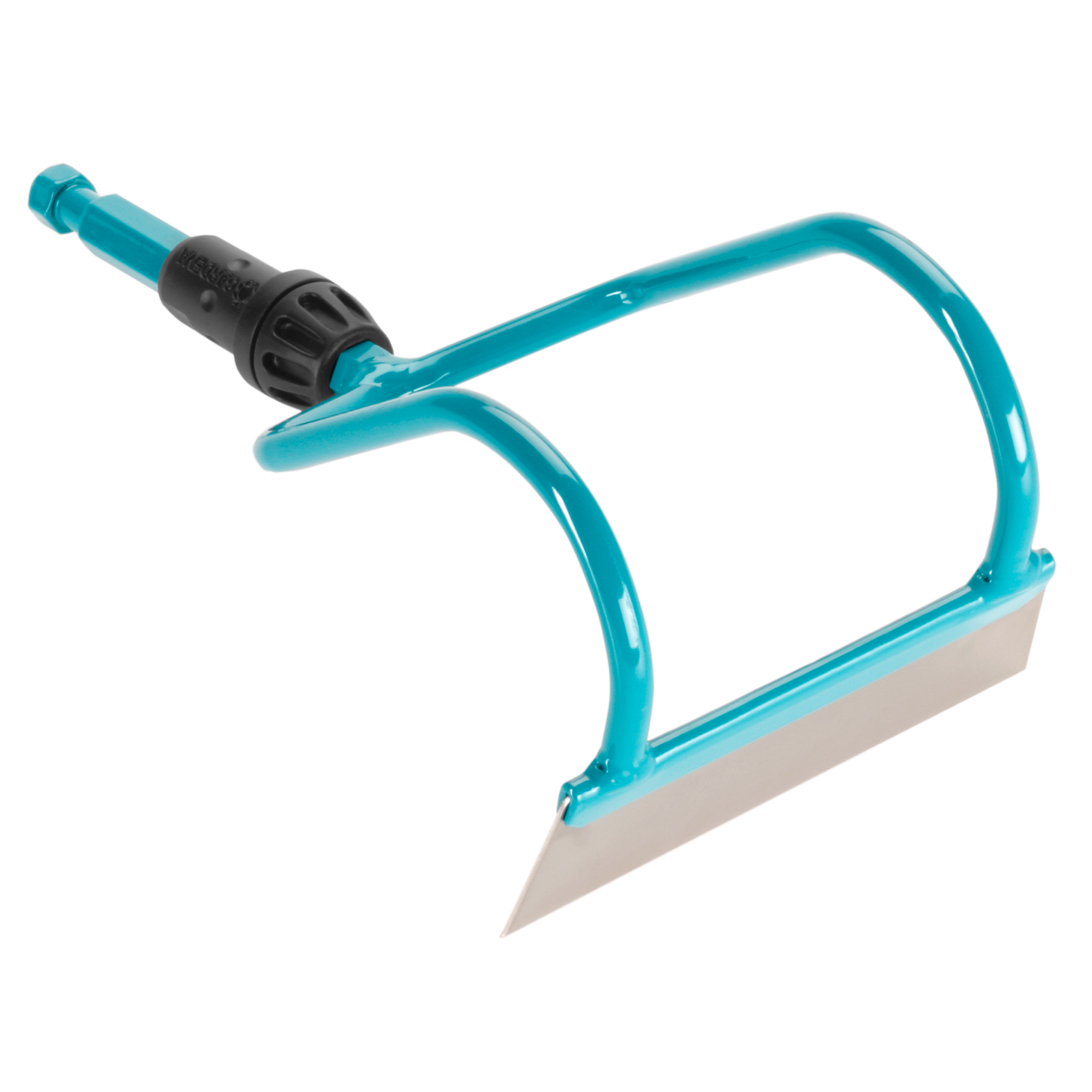 Front view of a gardening tool with a blade and handle attachment.