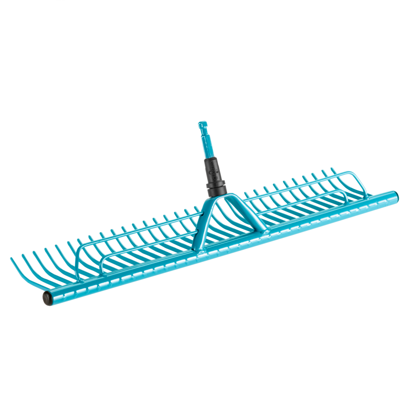 Front view of a Gardena garden rake with a sturdy handle and wide head.