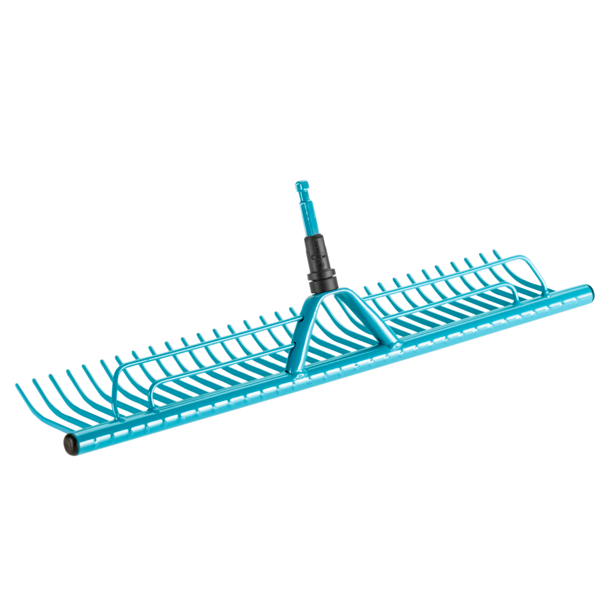 Front view of a Gardena garden rake with a sturdy handle and wide head.