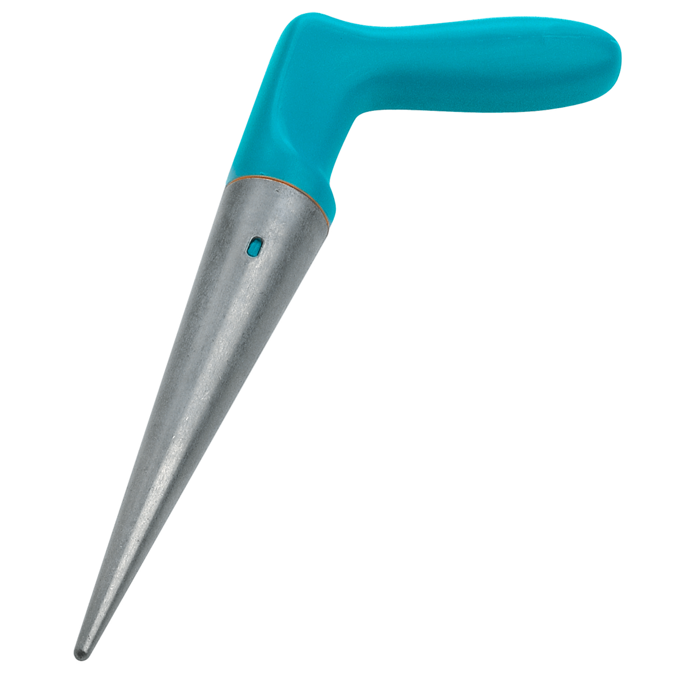 Top view of a garden dibber tool with a pointed metal tip and ergonomic handle.