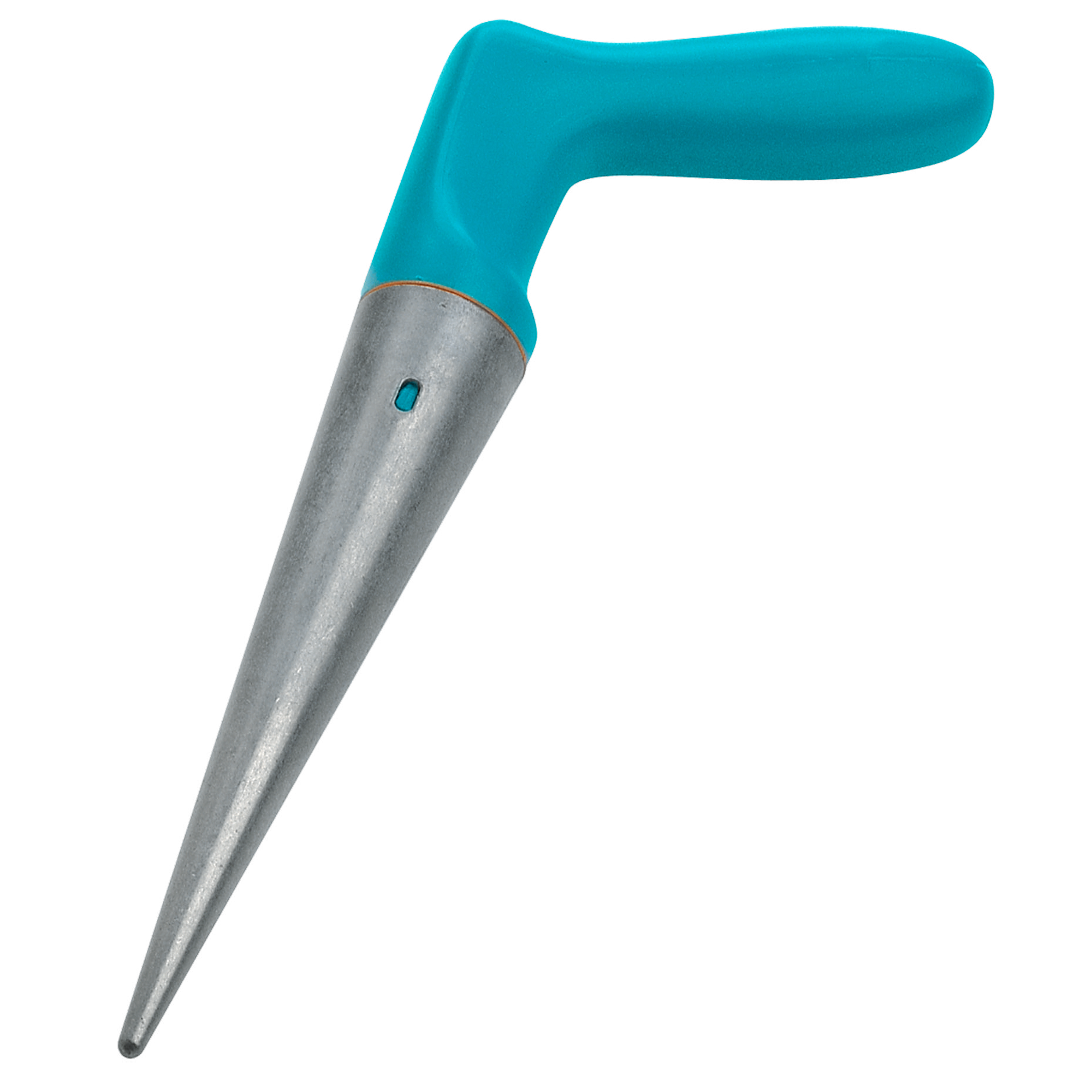 Top view of a garden dibber tool with a pointed metal tip and ergonomic handle.