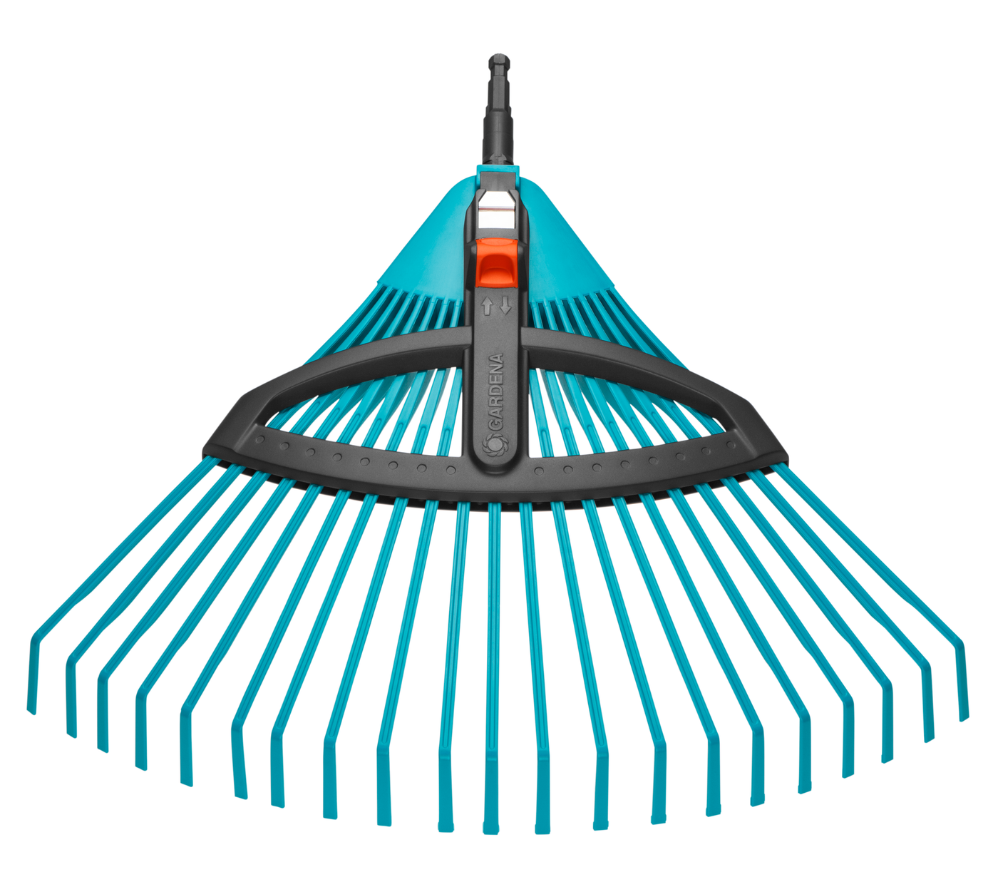 Front view of a Gardena garden rake with adjustable tines.