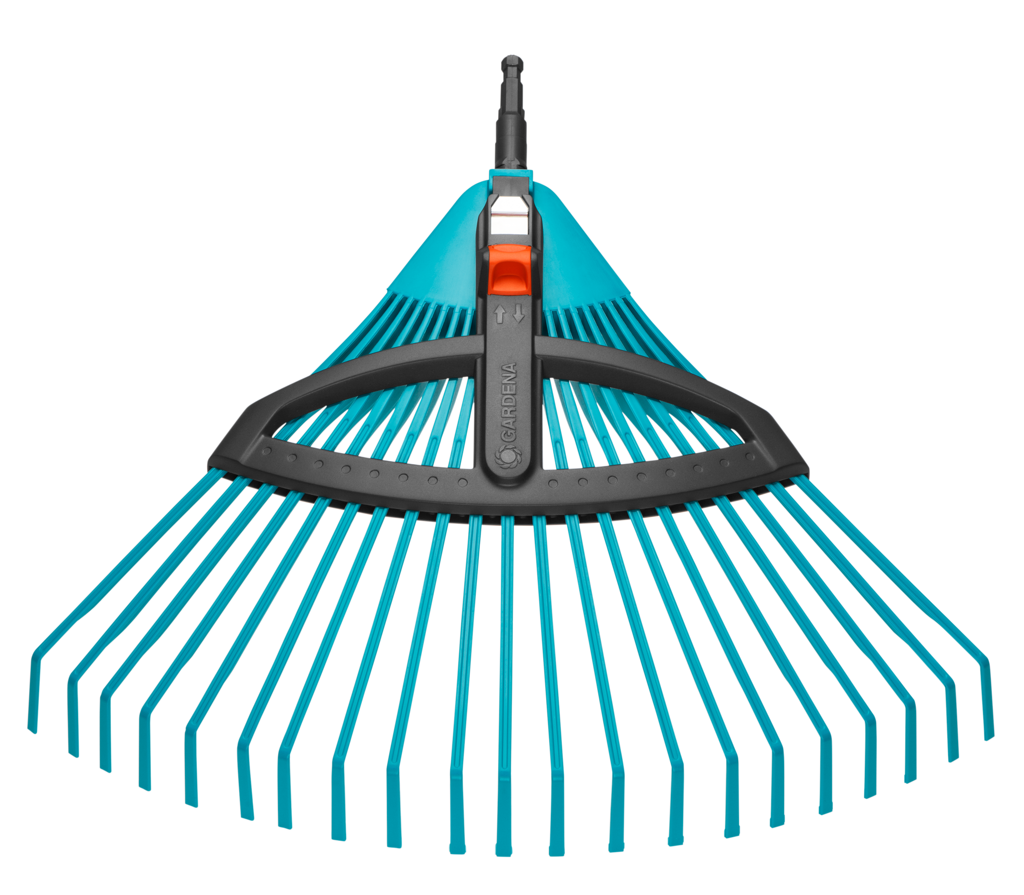 Front view of a Gardena garden rake with adjustable tines.