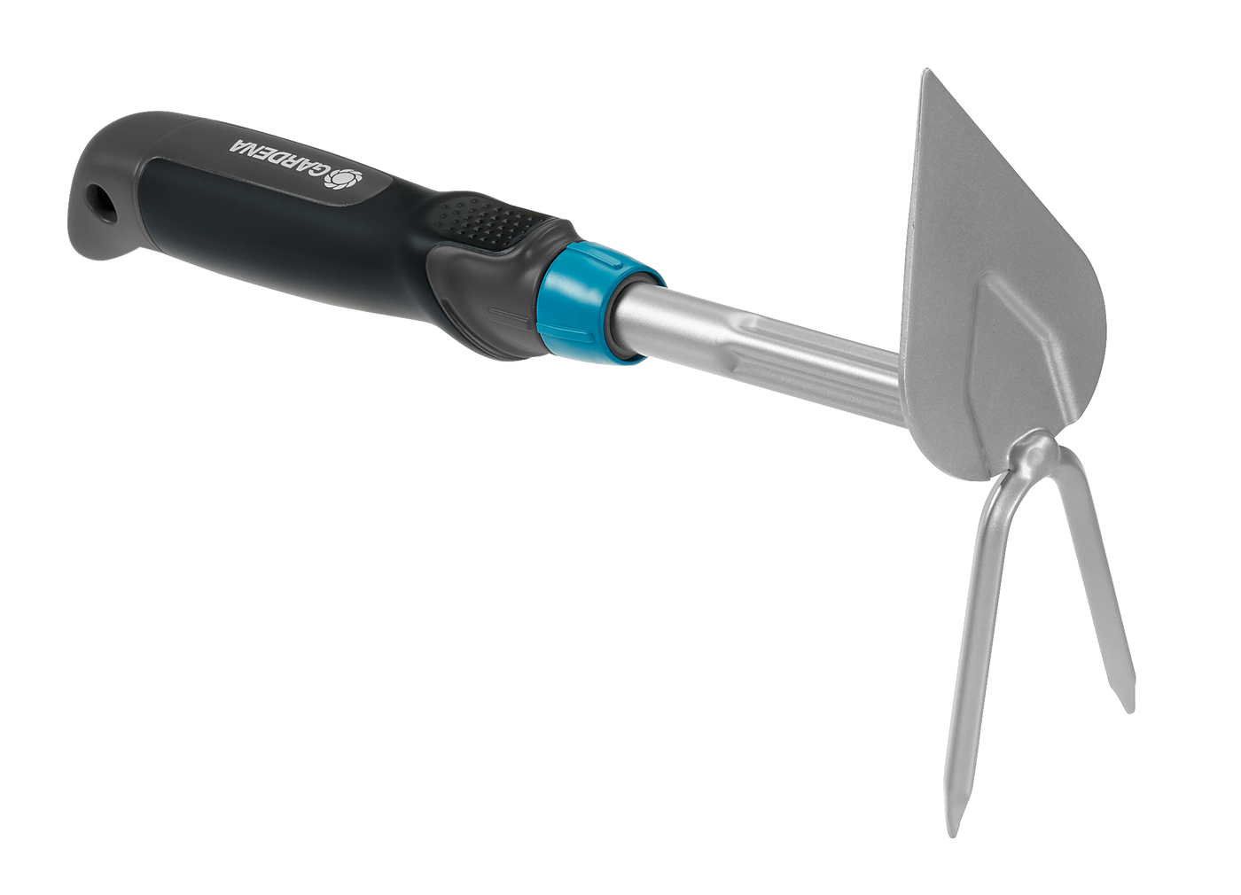 Side view of a Gardena garden hoe with a dual-function head for cultivating and weeding.