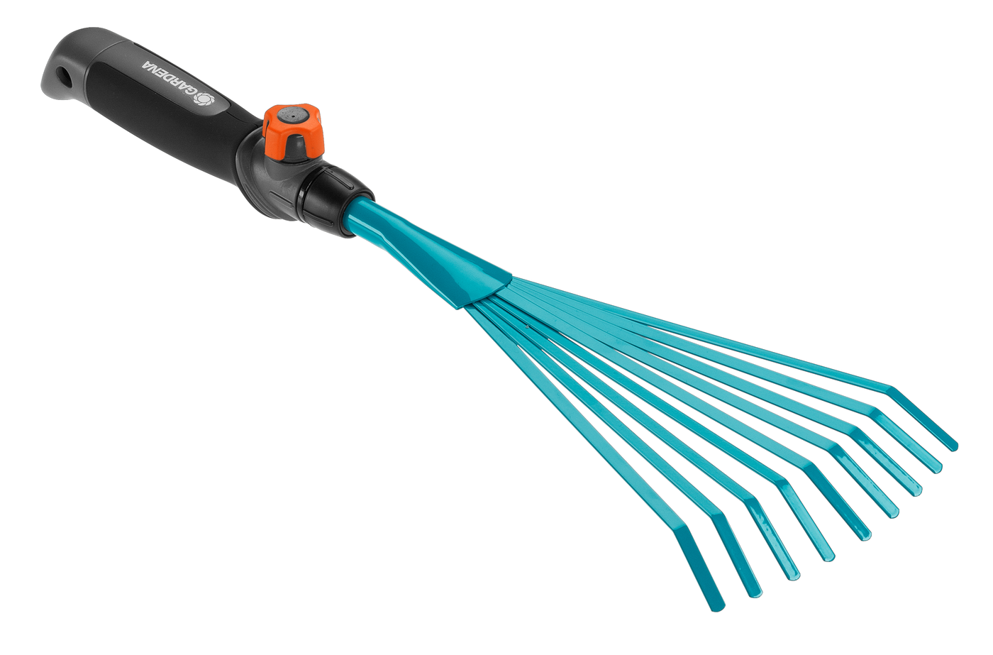 Side view of a Gardena hand rake with adjustable handle.