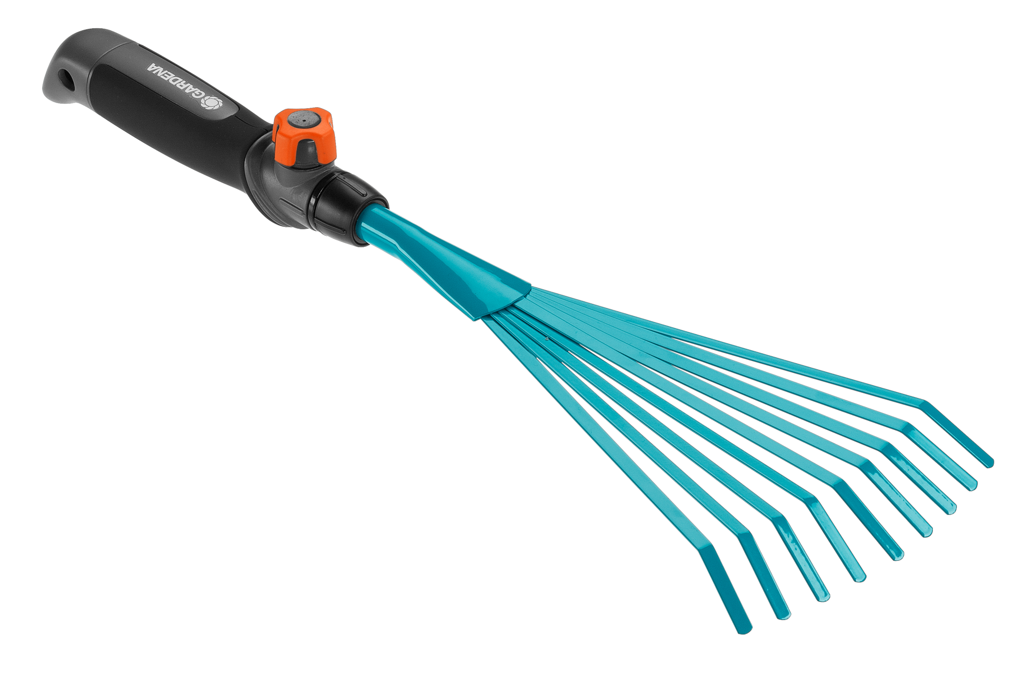 Side view of a Gardena hand rake with adjustable handle.