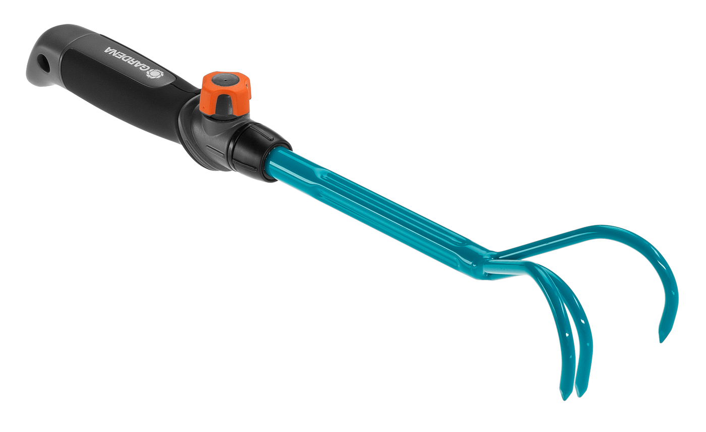 Front view of a Gardena garden hand tool with ergonomic handle and dual prongs.