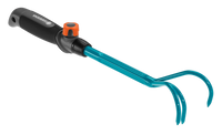 Front view of a Gardena garden hand tool with ergonomic handle and dual prongs., miniatuur 1