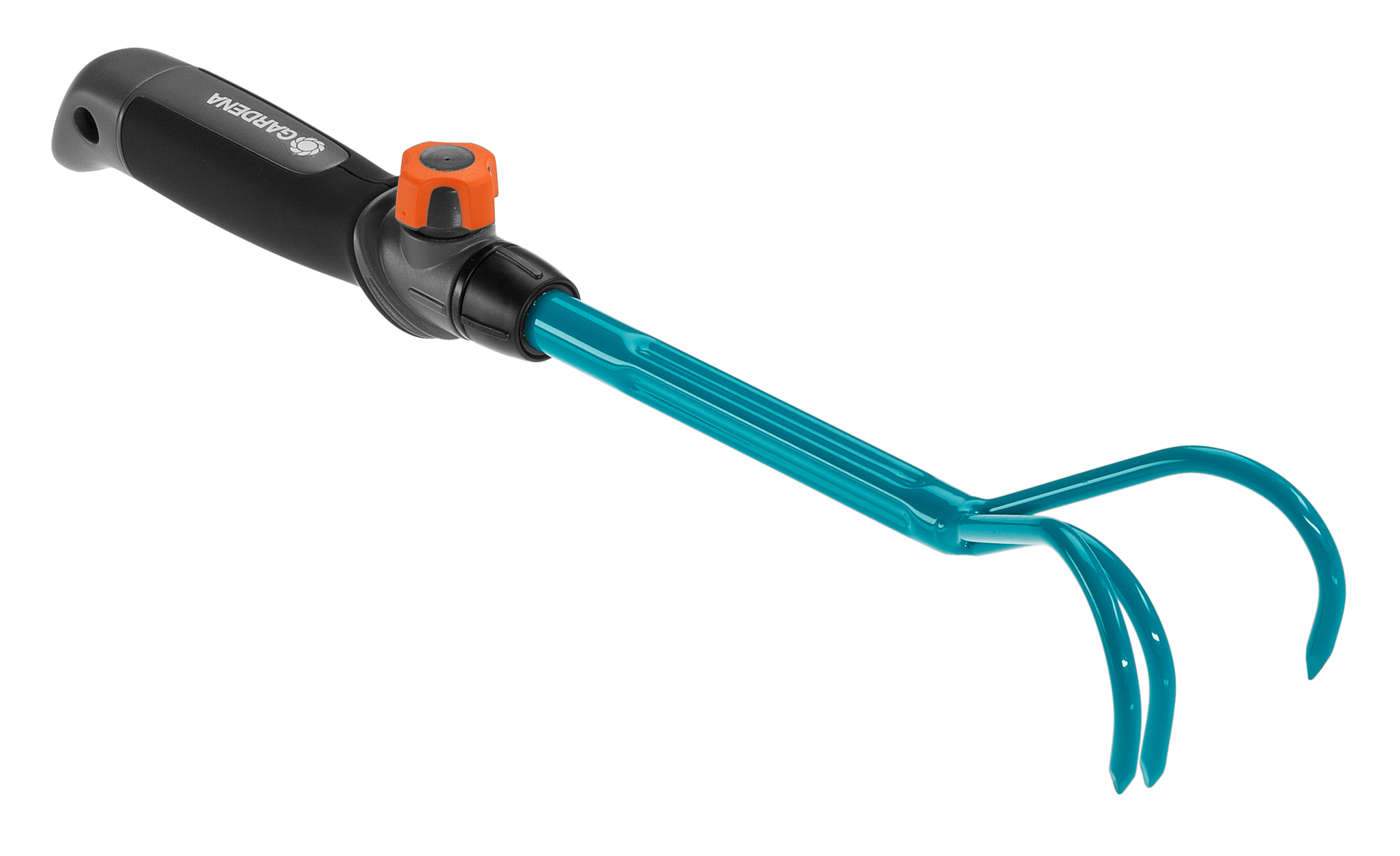 Front view of a Gardena garden hand tool with ergonomic handle and dual prongs.