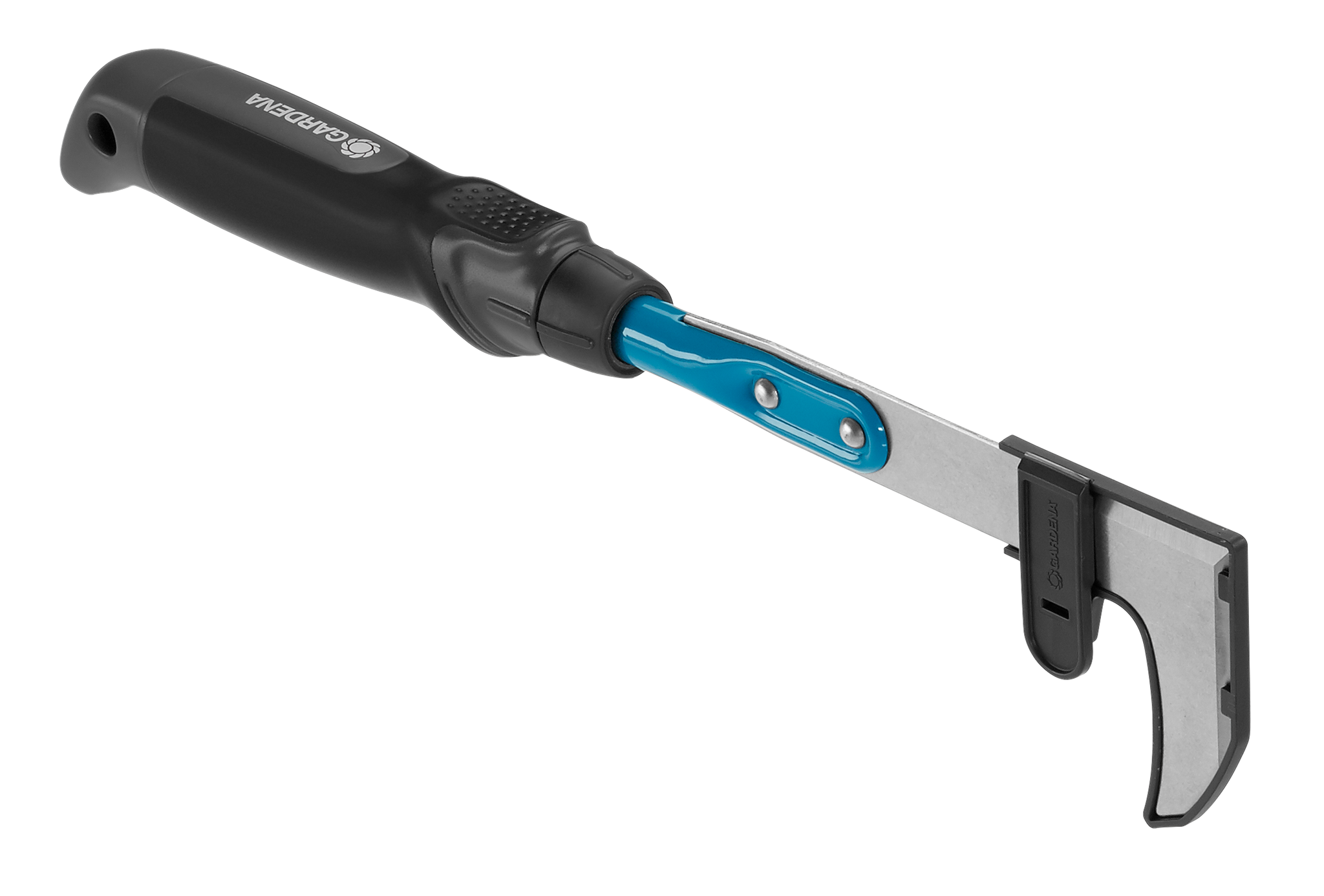 Side view of a Gardena hand tool with ergonomic handle and hook attachment.