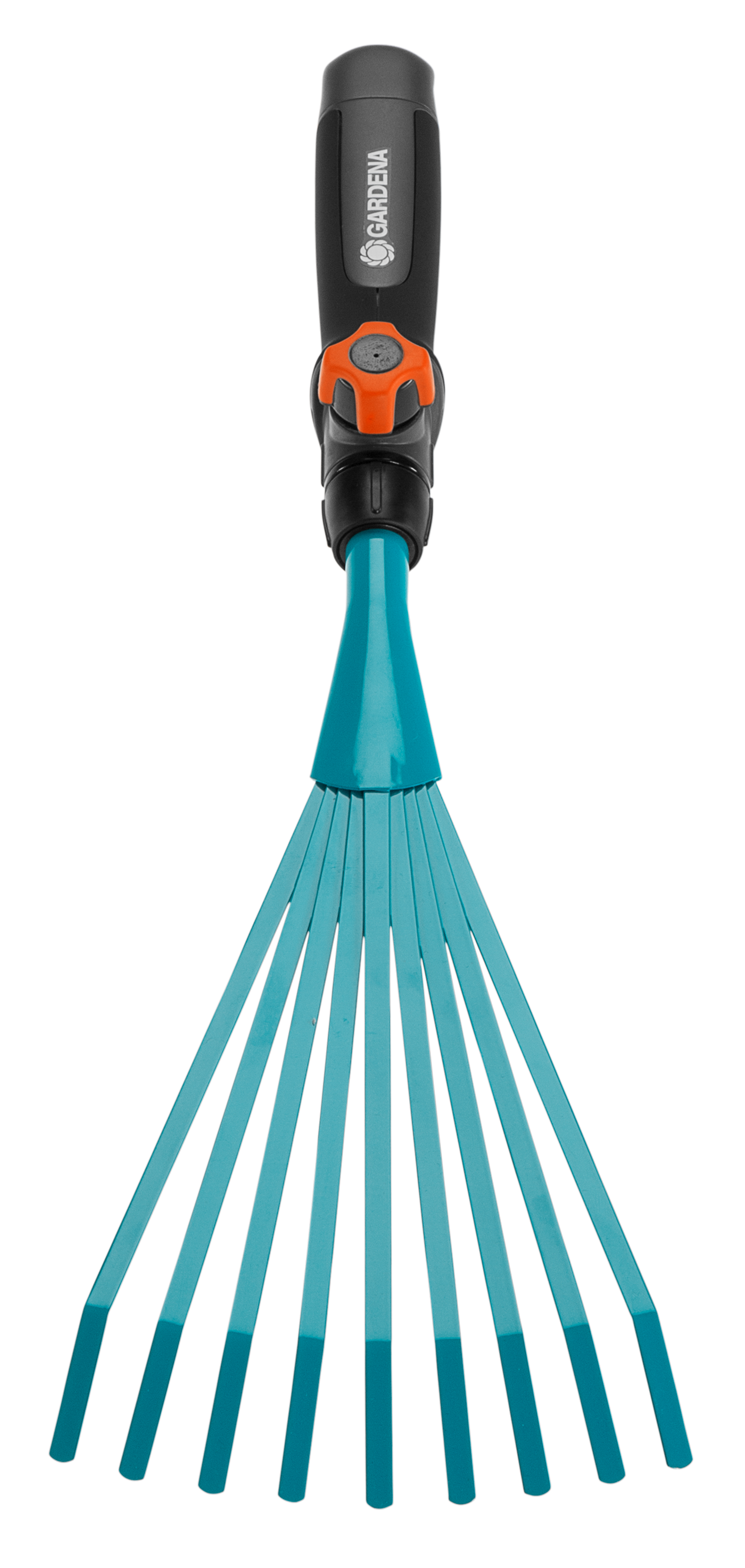 Front view of a Gardena garden rake with an ergonomic handle.