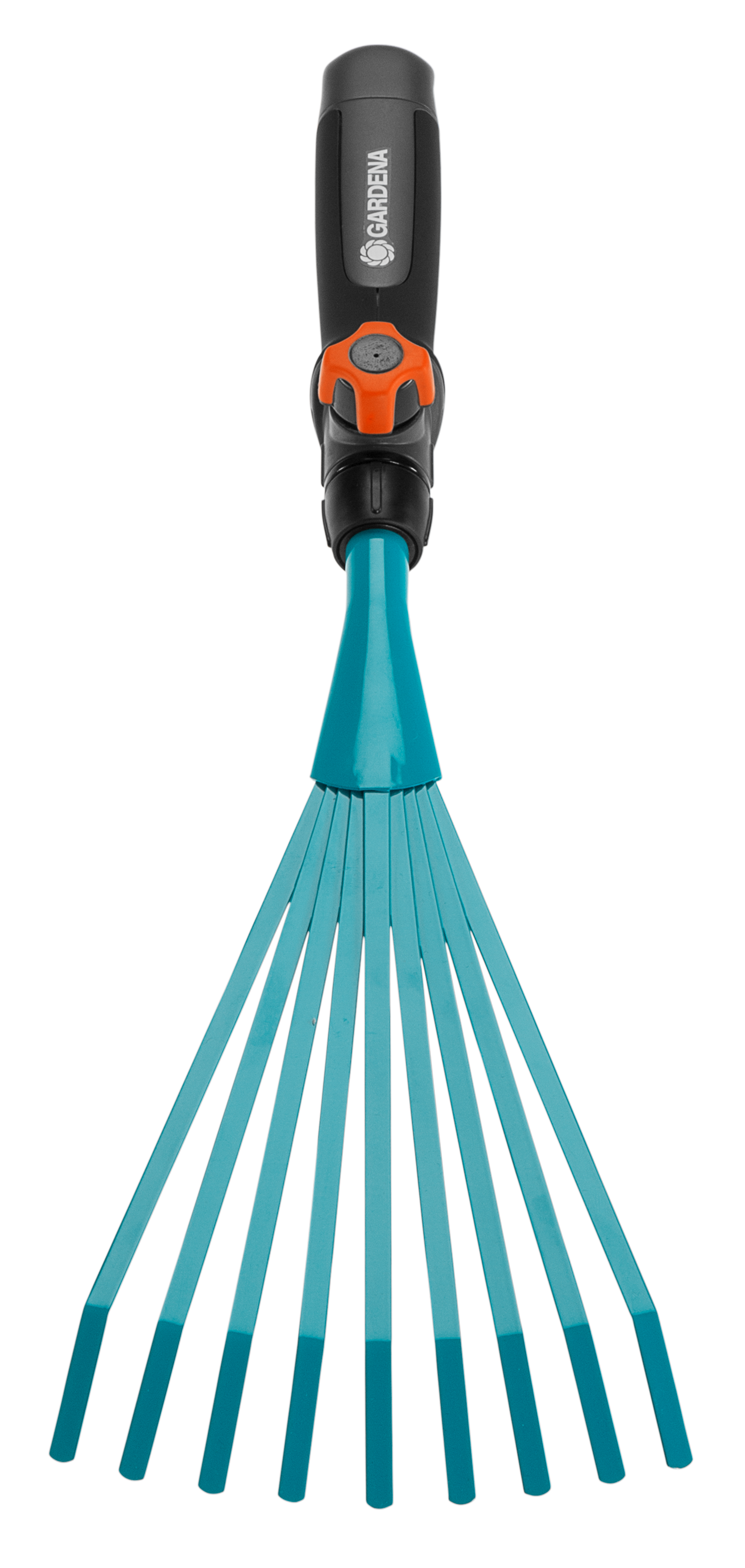 Front view of a Gardena garden rake with an ergonomic handle.