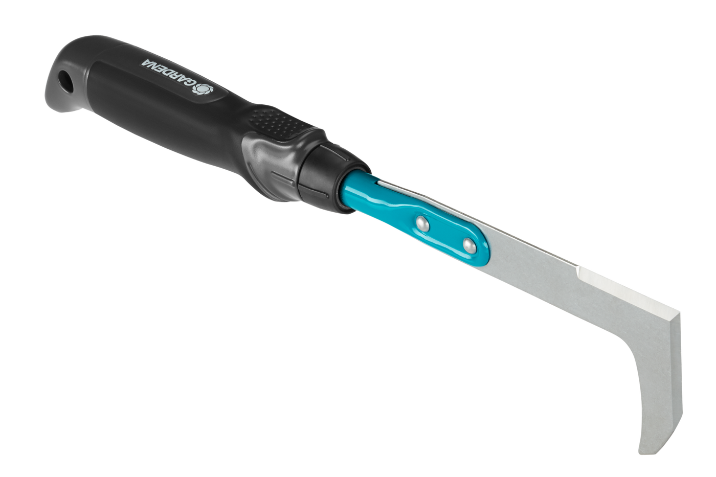 Side view of a Gardena garden hand tool with a hooked blade and ergonomic handle.