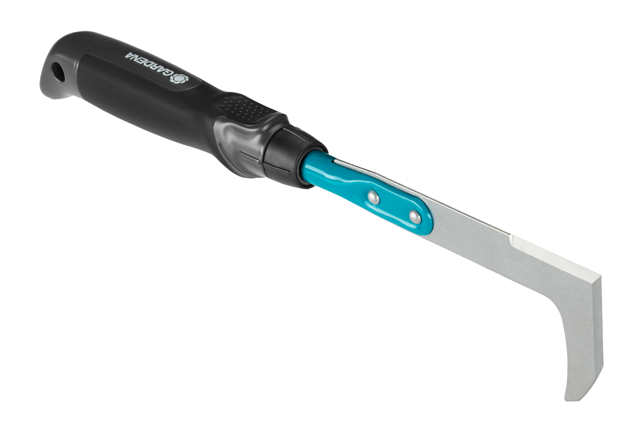 Side view of a Gardena garden hand tool with a hooked blade and ergonomic handle.