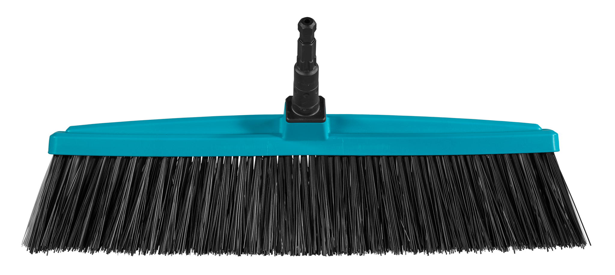 Front view of a broom head with bristles and a connector for a handle.