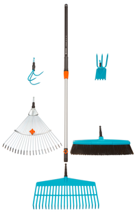 Front view of various Gardena gardening tools including a rake, broom, and hand cultivator., miniatuur 1