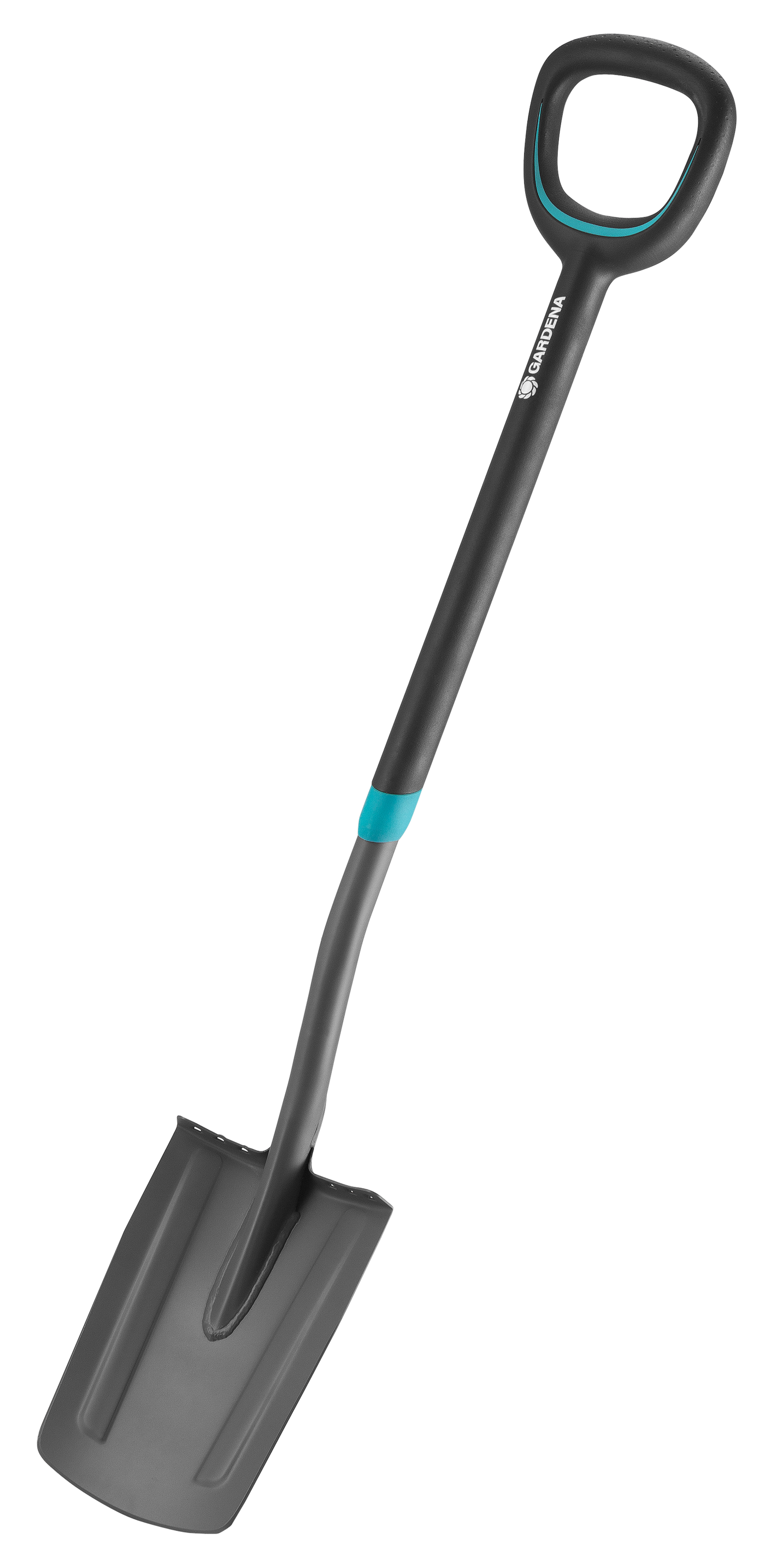 Front view of a Gardena digging shovel with ergonomic handle.