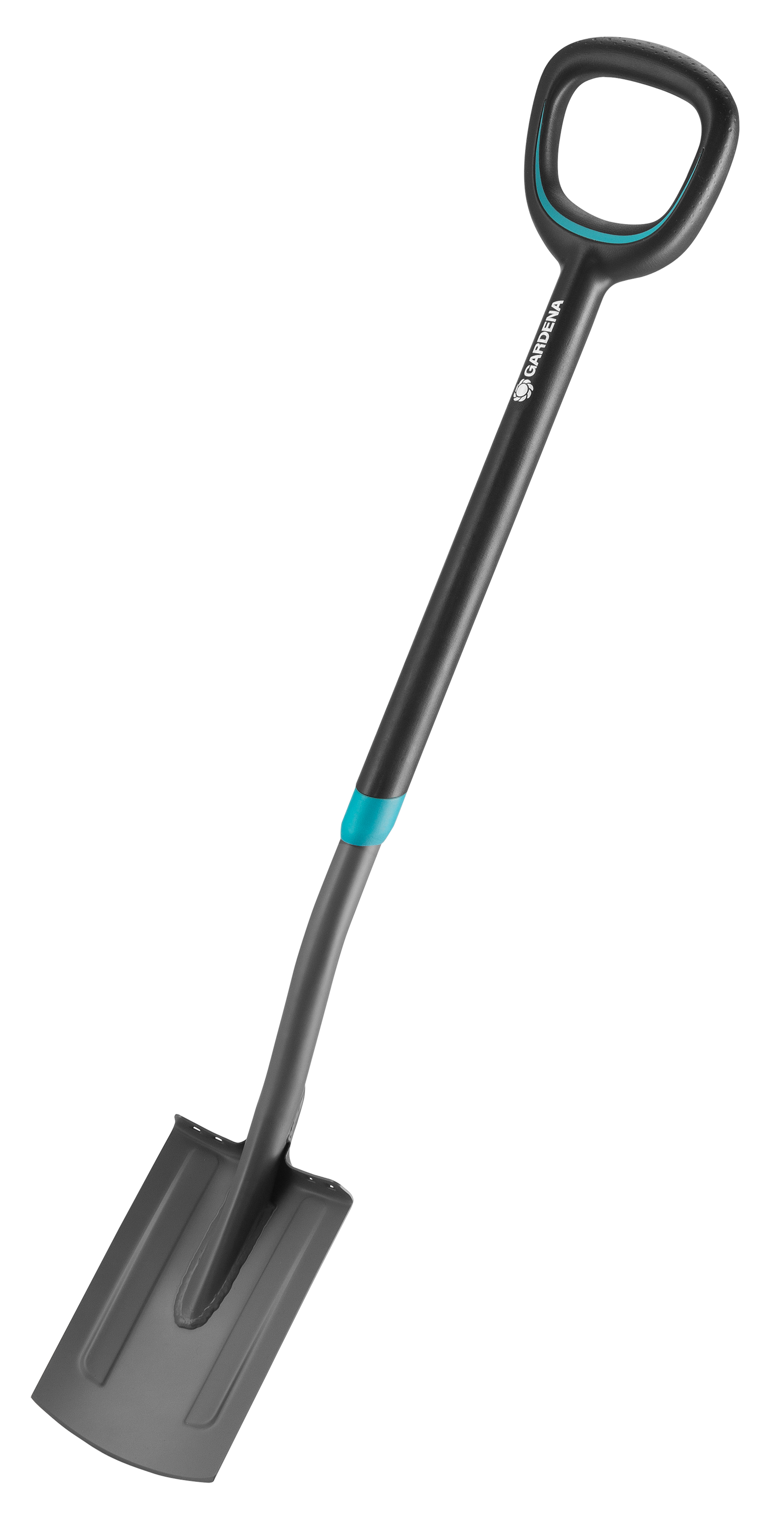 Front view of a Gardena garden spade with a D-handle.