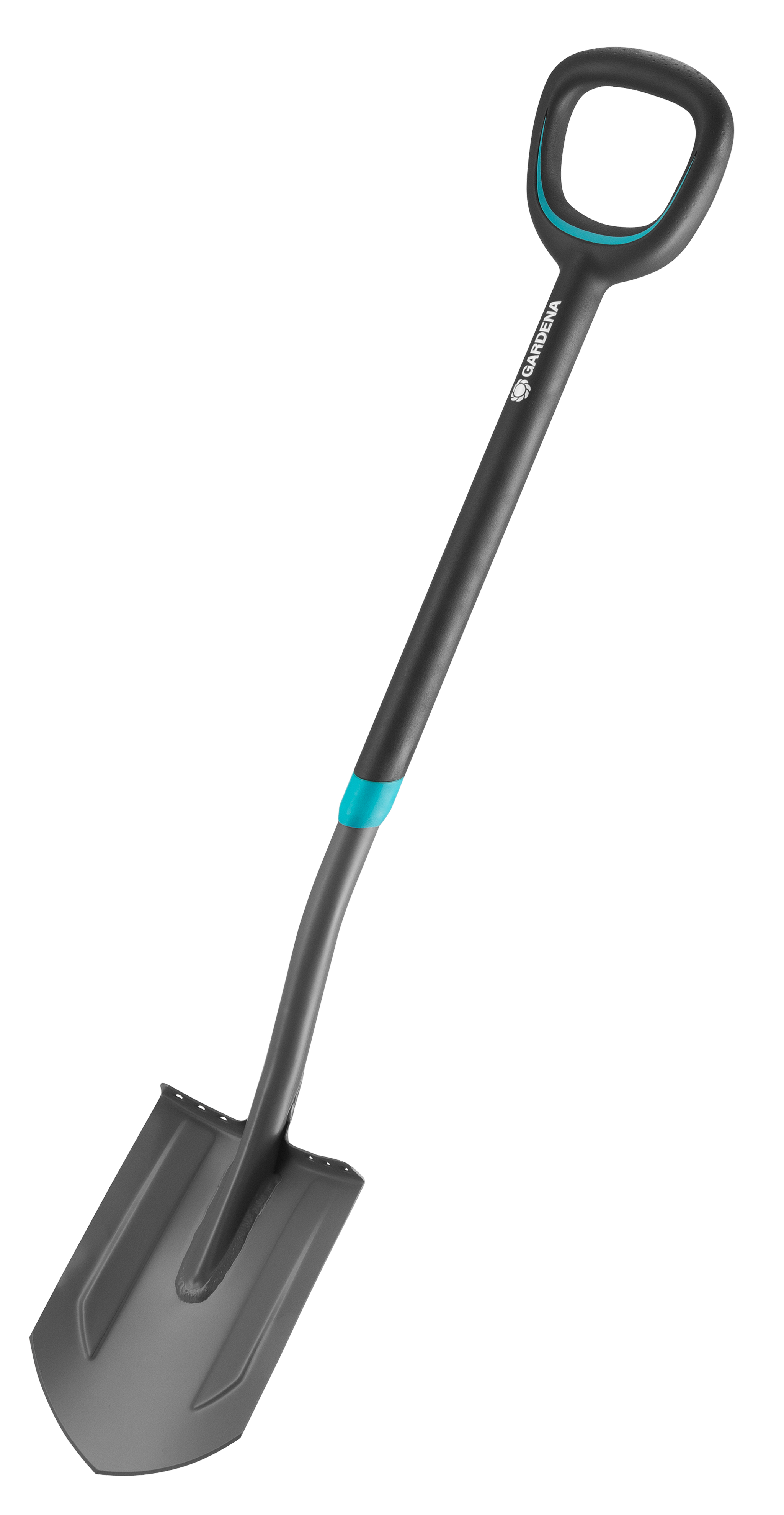 Front view of a Gardena garden shovel with ergonomic handle.