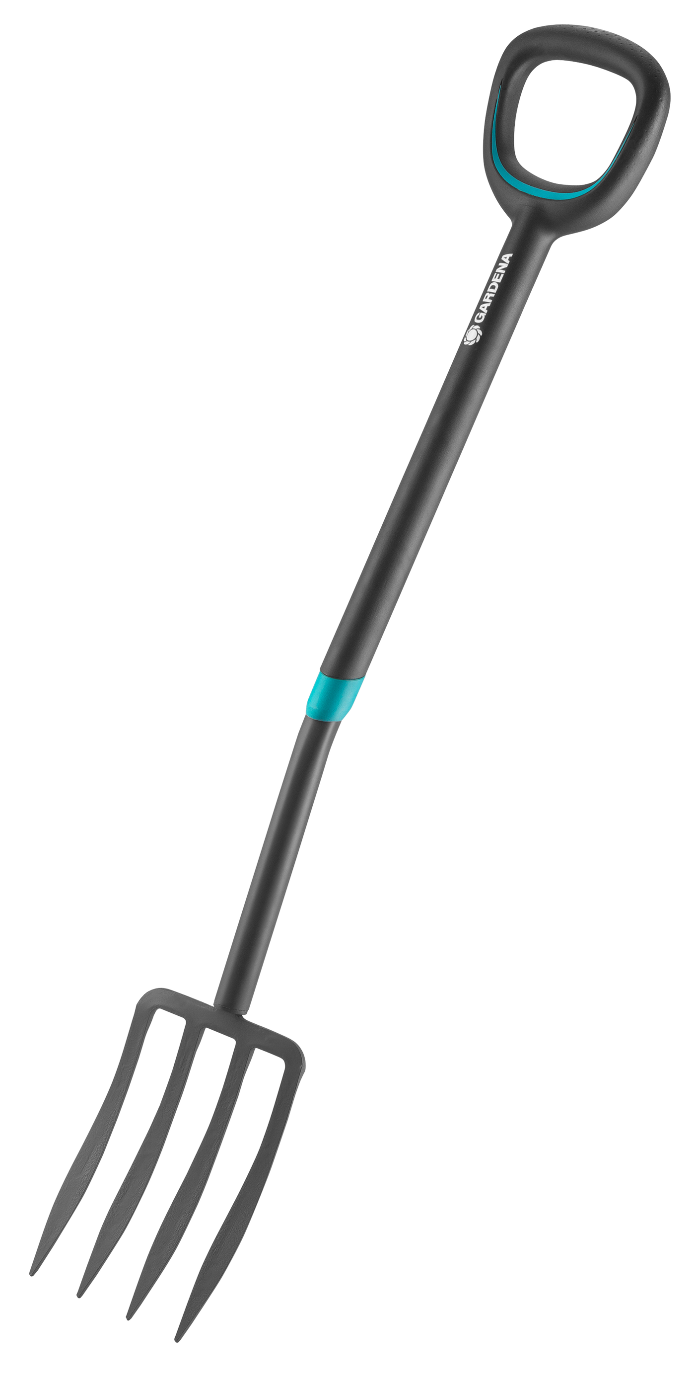 Front view of a Gardena garden fork with ergonomic handle.