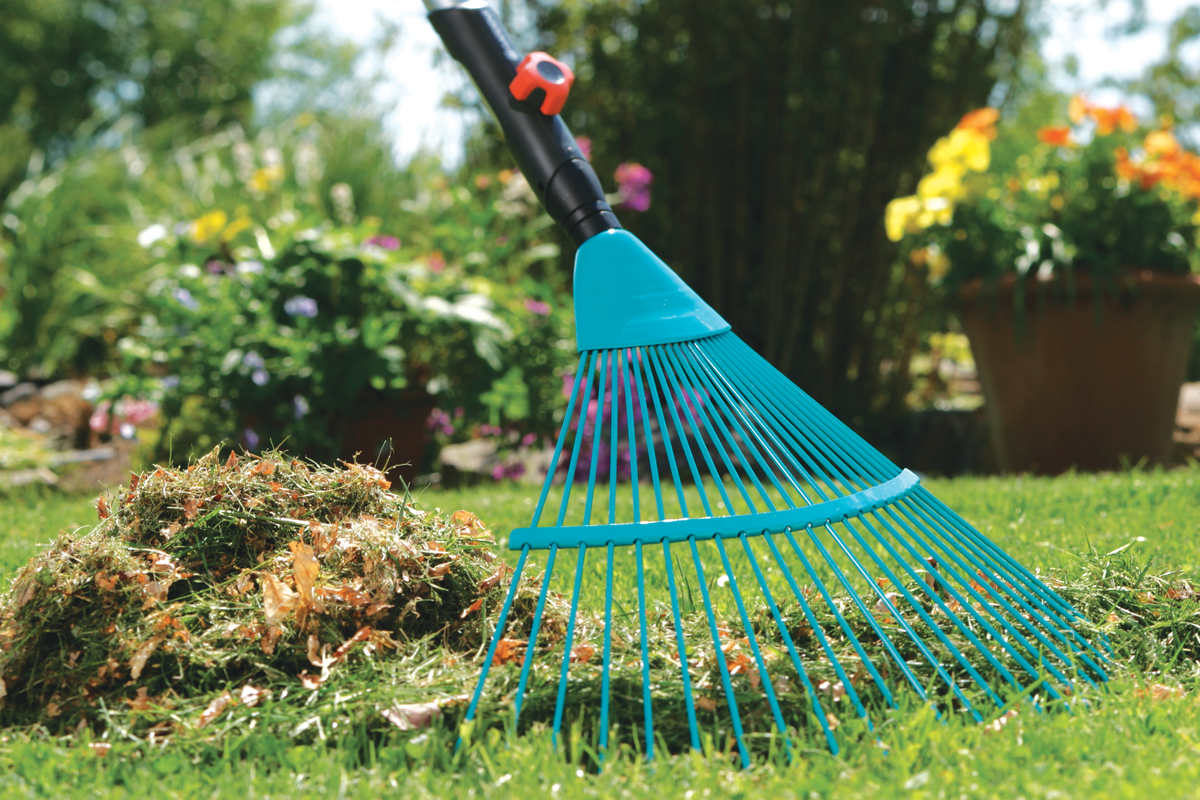 A garden rake collecting grass and leaves on a lawn, with flowers in the background.