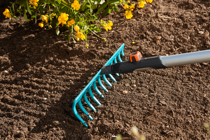 A garden rake with a metal handle and blue tines being used to level soil near yellow flowers., afbeelding 3 Onderhoudsproduct