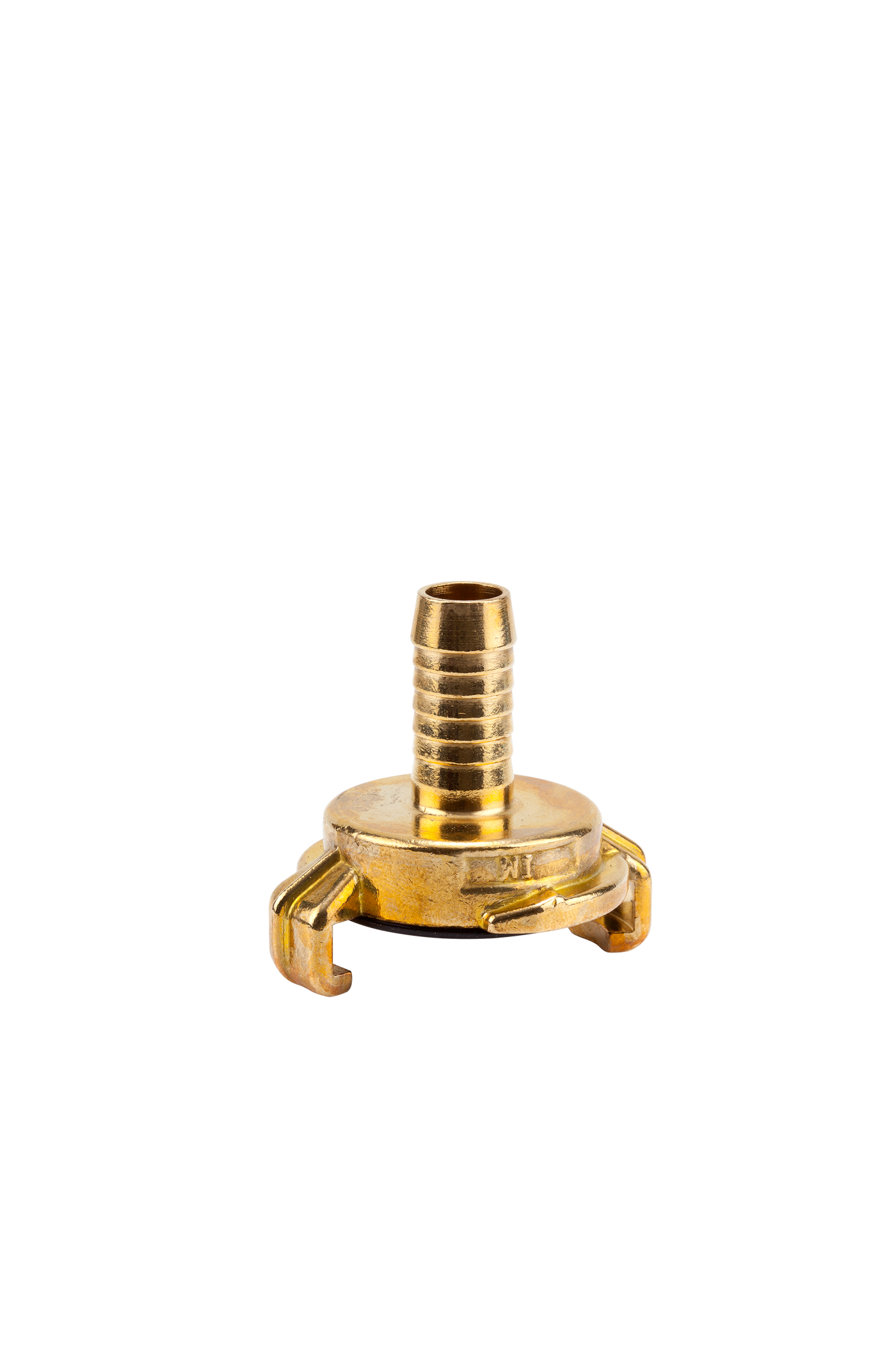 Front view of a brass hose connector with a ribbed nozzle.