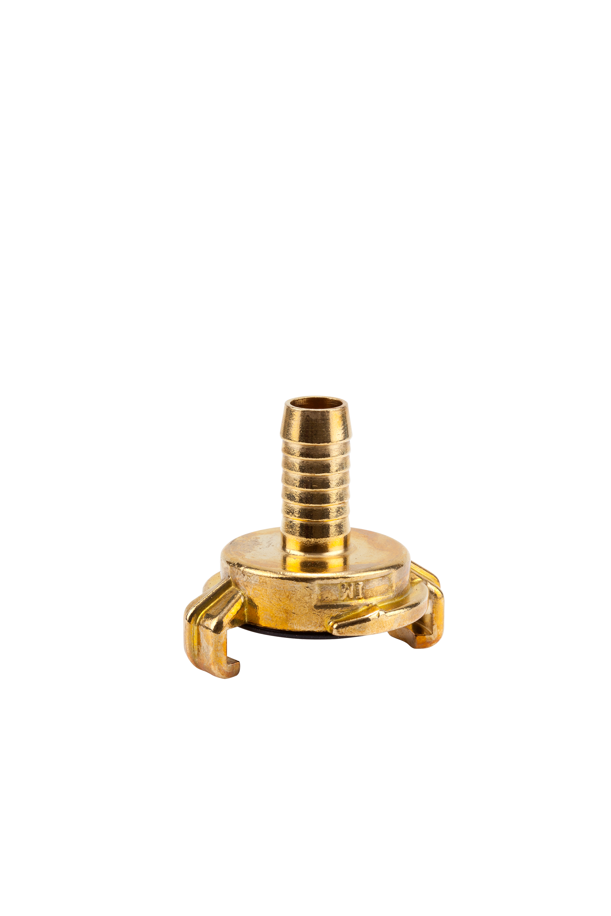 Front view of a brass hose connector with a ribbed nozzle.