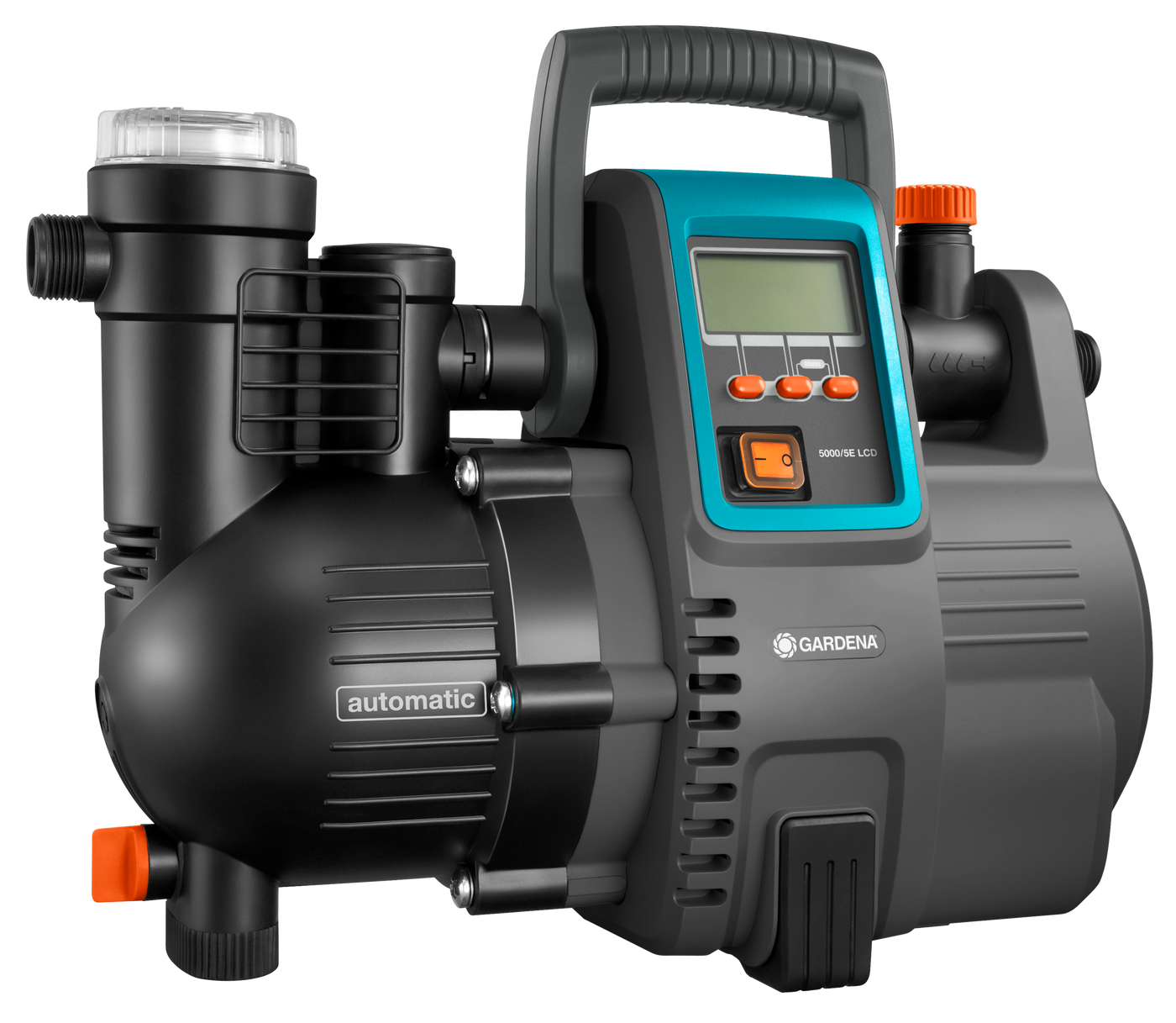 Front view of a Gardena automatic water pump with digital display and control buttons.