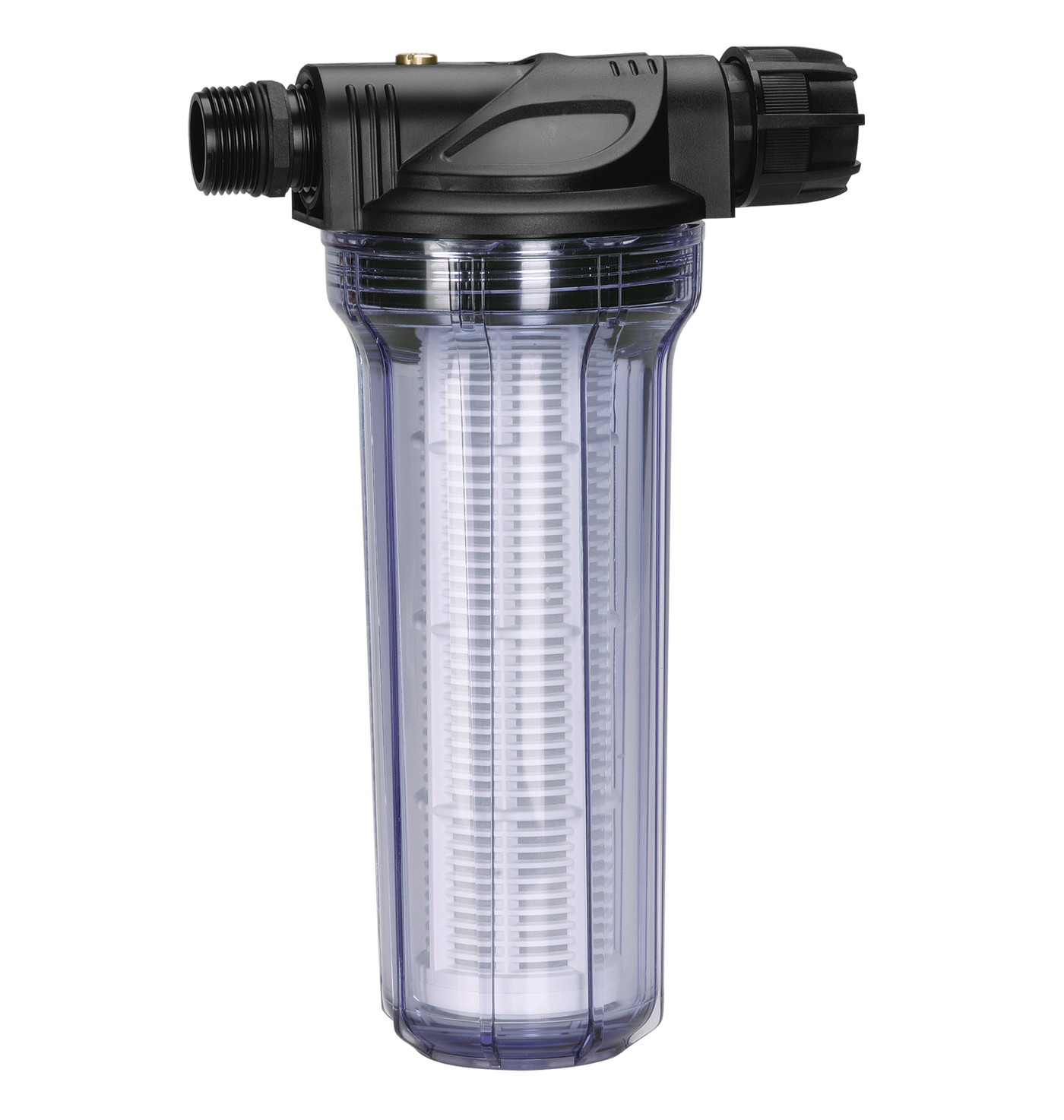 Front view of a water filter cartridge with transparent casing.