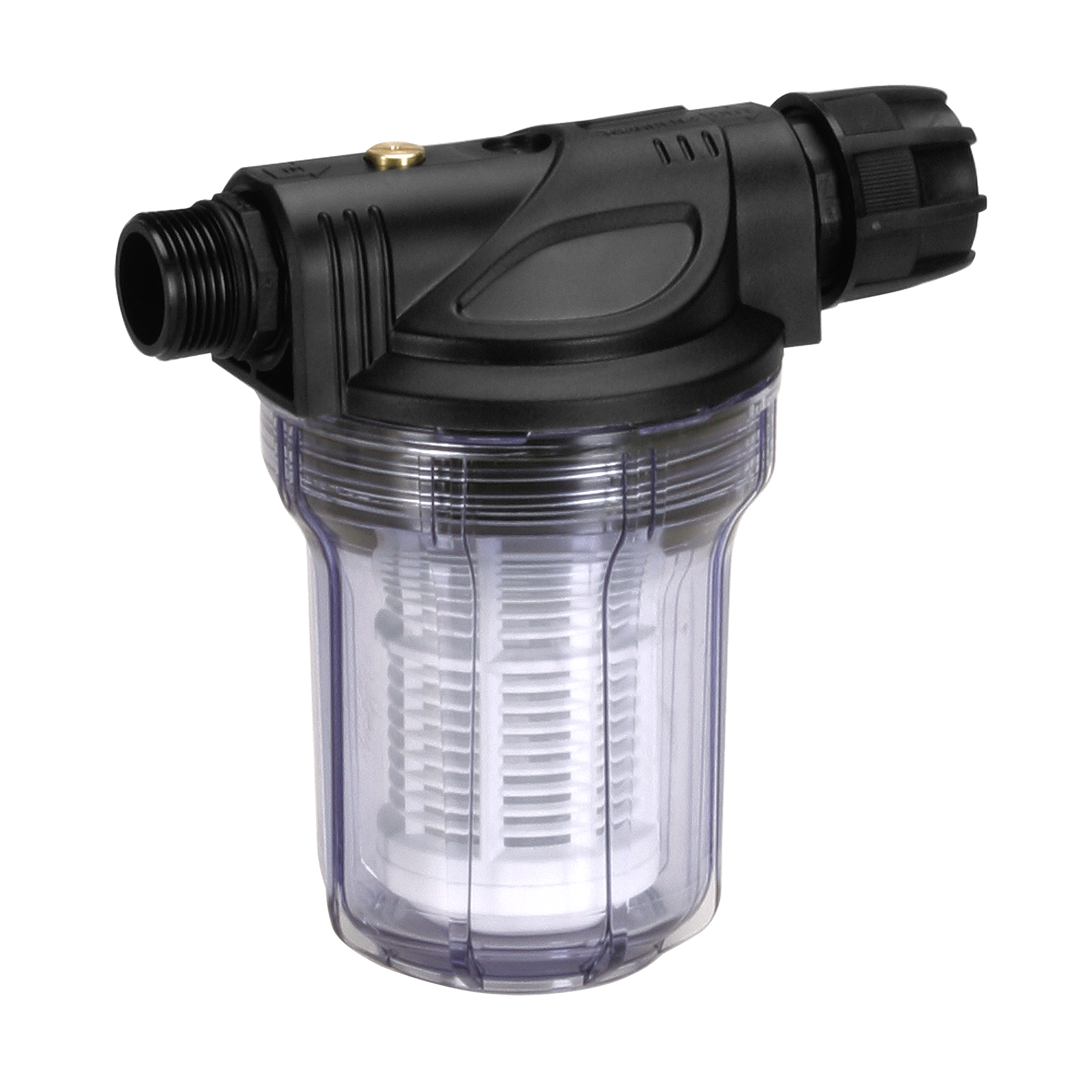 Front view of a water filter with a transparent chamber and black fittings.