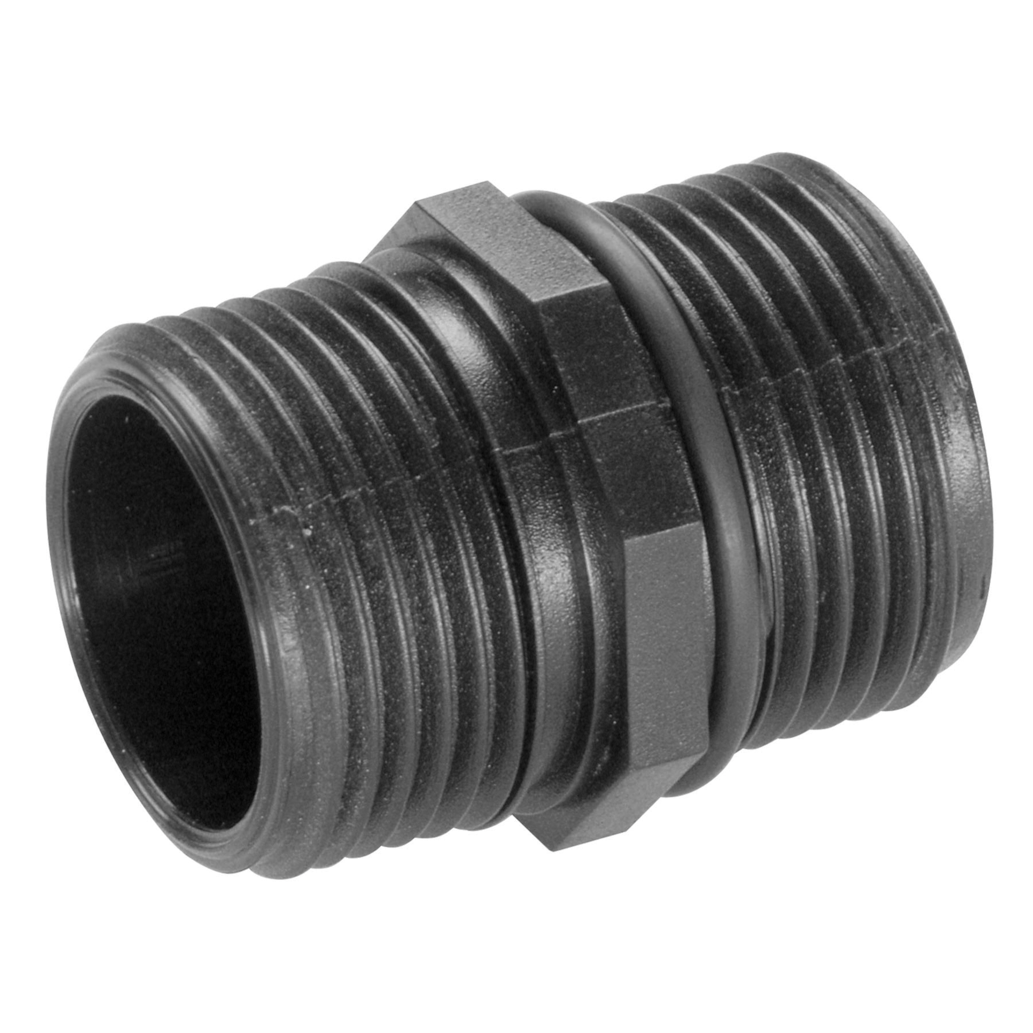 Top view of a threaded connector used in plumbing or irrigation systems.