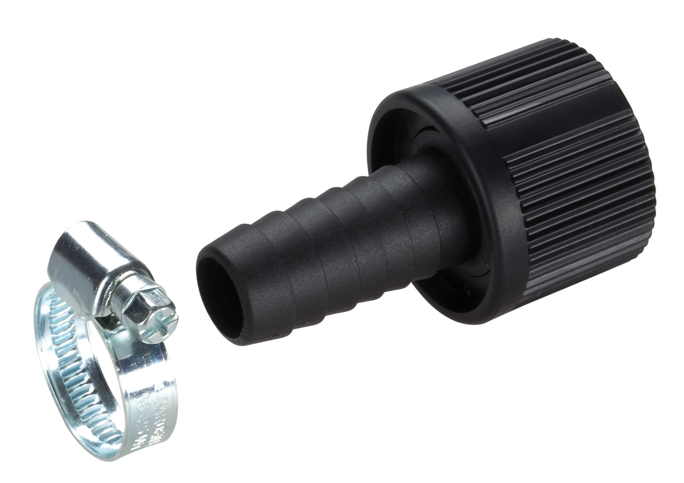 Front view of a hose connector with a metal clamp, used for securing hoses.